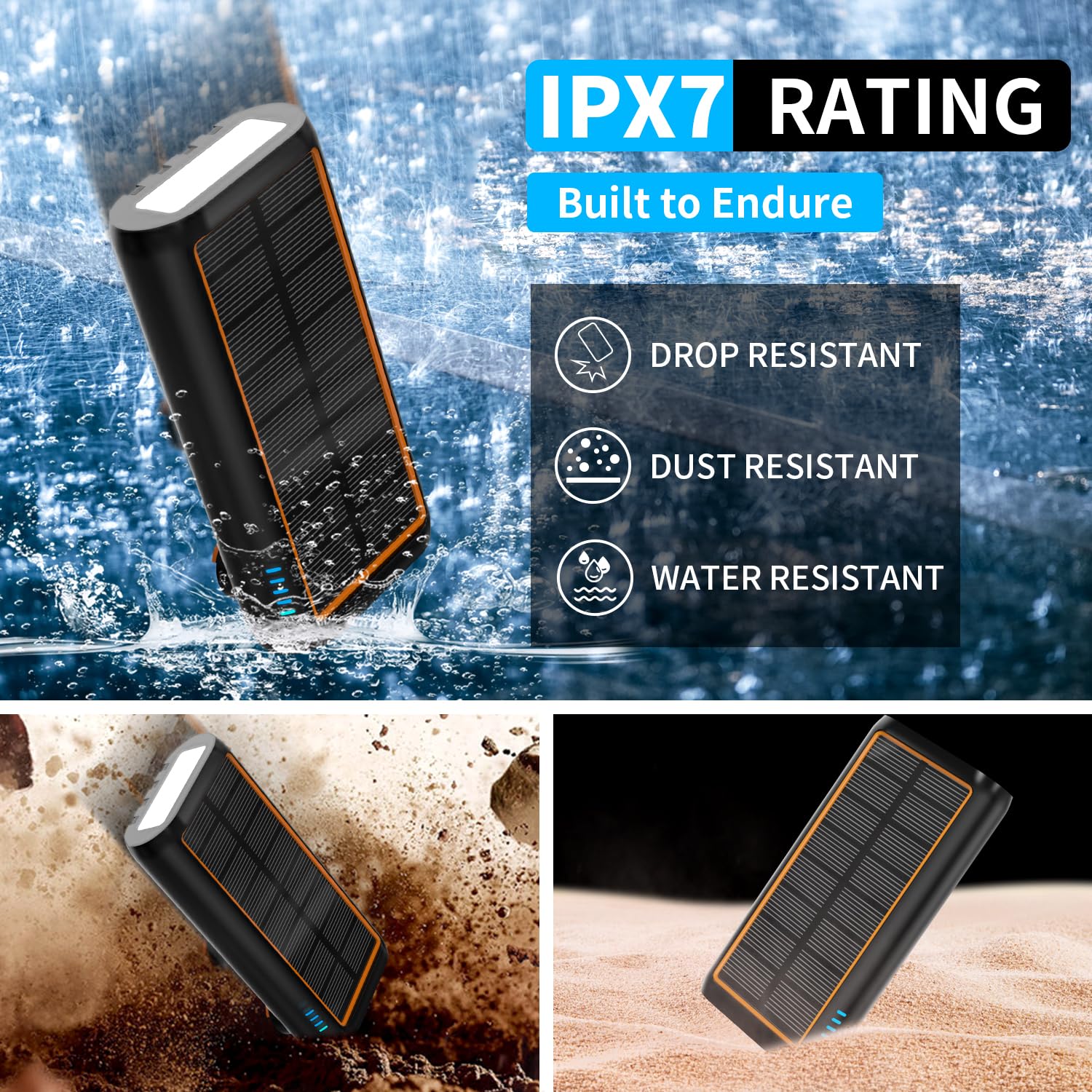 ReeZar 61200mAh Solar Power Bank with Hand Crank - Portable Charger with 4 Built-in Cables, 7 Outputs & 15W Fast Charging for iPhone, Android, Tablets - Emergency SOS Flashlight for Camping, Hiking, Travel