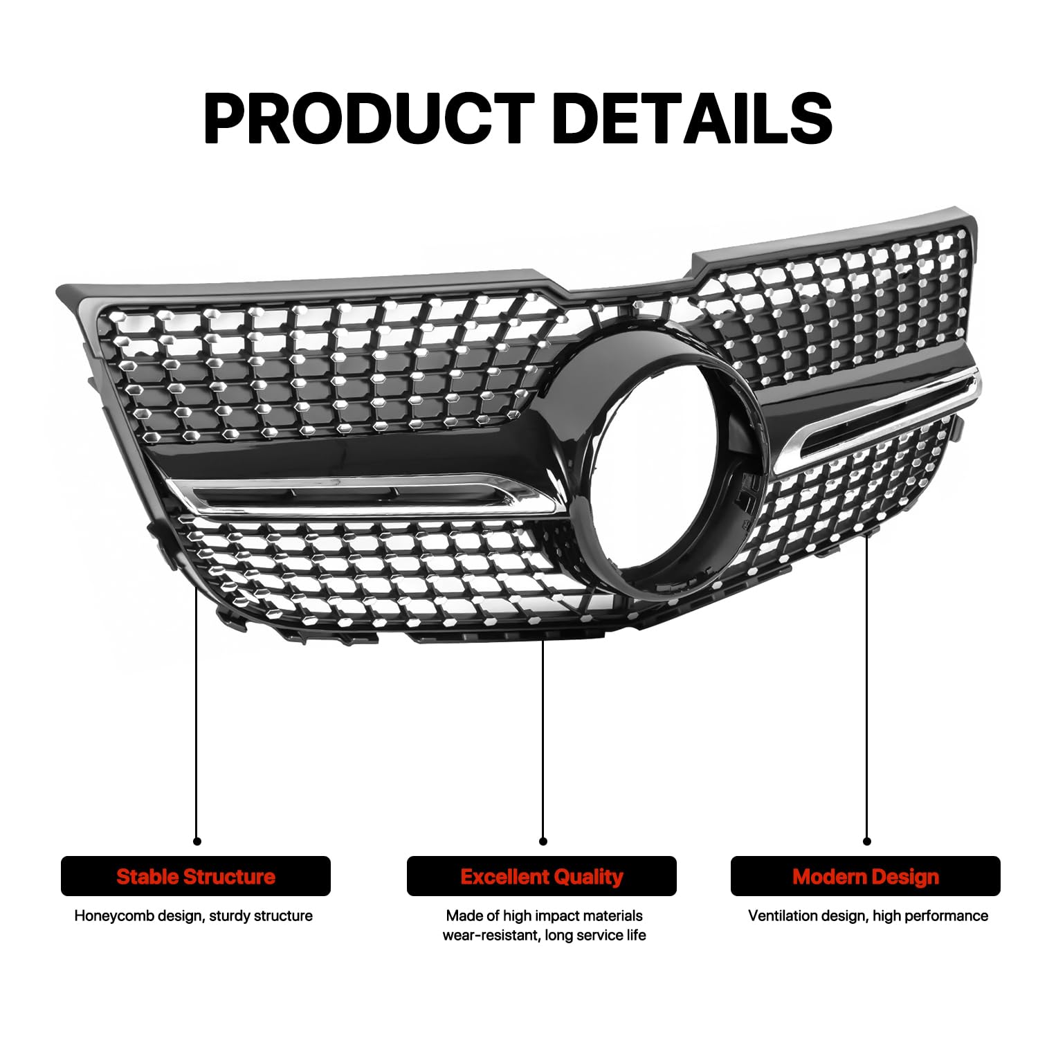 KARPAL Diamond Front Grill Chrome Compatible with 2013-2015 Mercedes-Benz X204 GLK-CLASS Silver | Premium Car Grille Upgrade for Enhanced Style & Performance | Perfect for Car Enthusiasts & Custom Builds