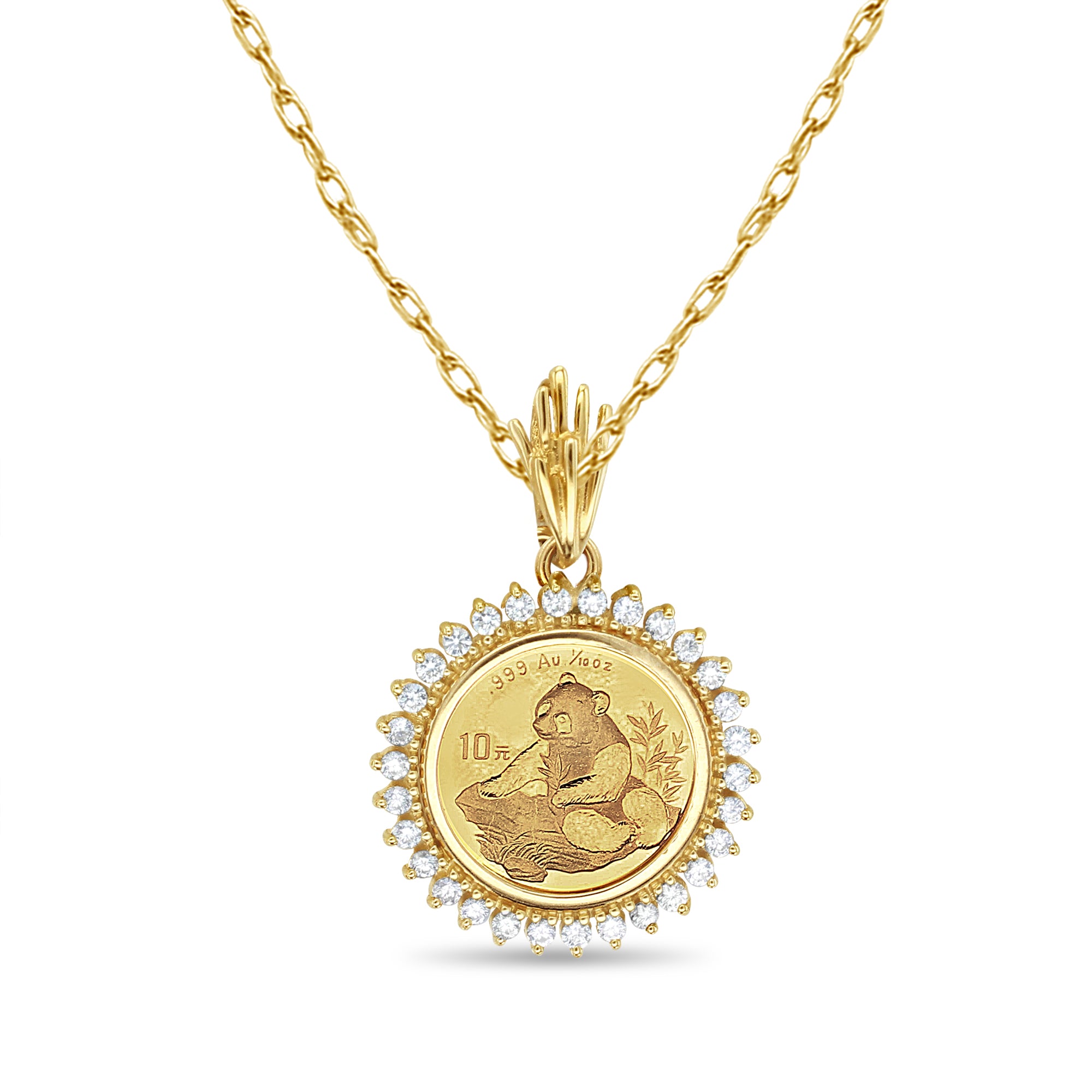 1/10 oz Chinese Panda Gold Coin Diamond Halo Pendant Necklace - Elegant Jewelry Gift for Women, Perfect for Birthdays, Anniversaries & Special Occasions
