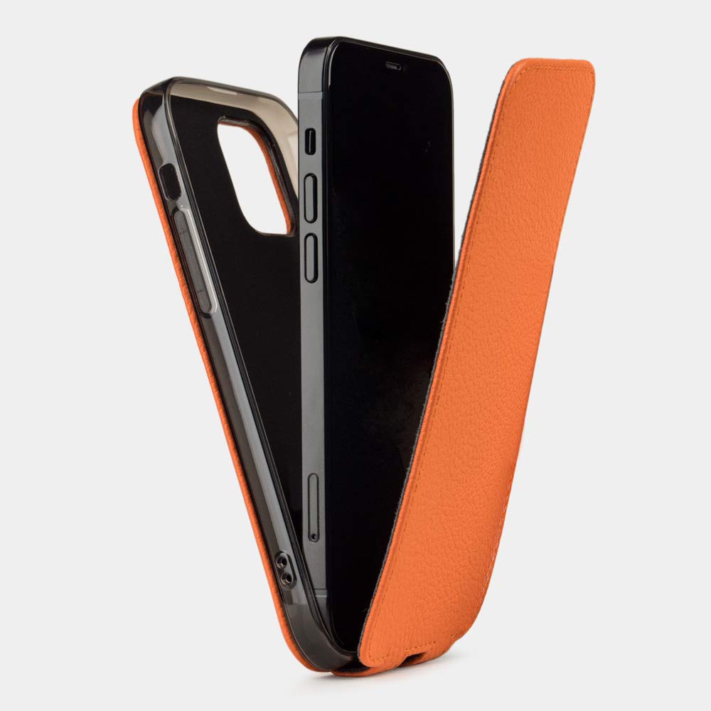 Premium Ultra Thin Leather Flip Flap Case for iPhone 12 Pro Max - French Made Patented Design [Orange] - Perfect for Business & Everyday Protection