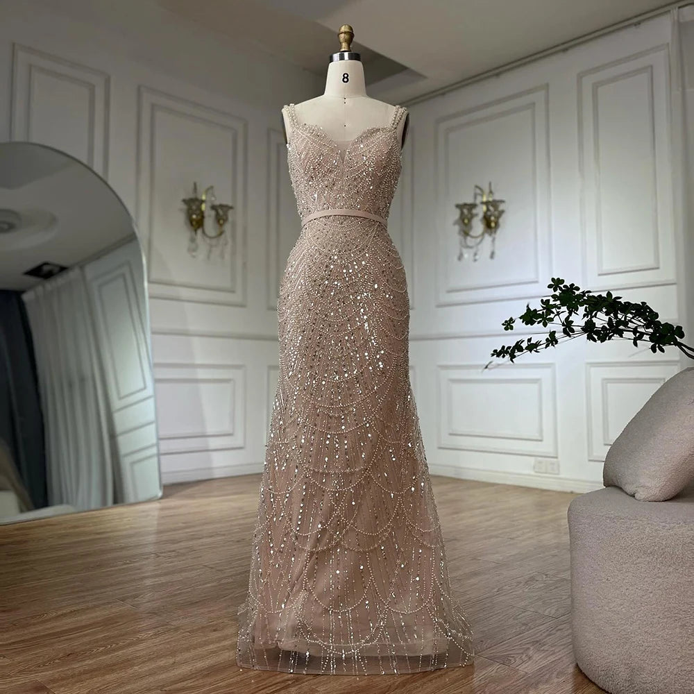 Elegant Dubai Beaded Nude Spaghetti Strap Mermaid Gown with Detachable Long Sleeve Jacket - Formal Evening Dress for Prom, Wedding & Gala Events LA72160C