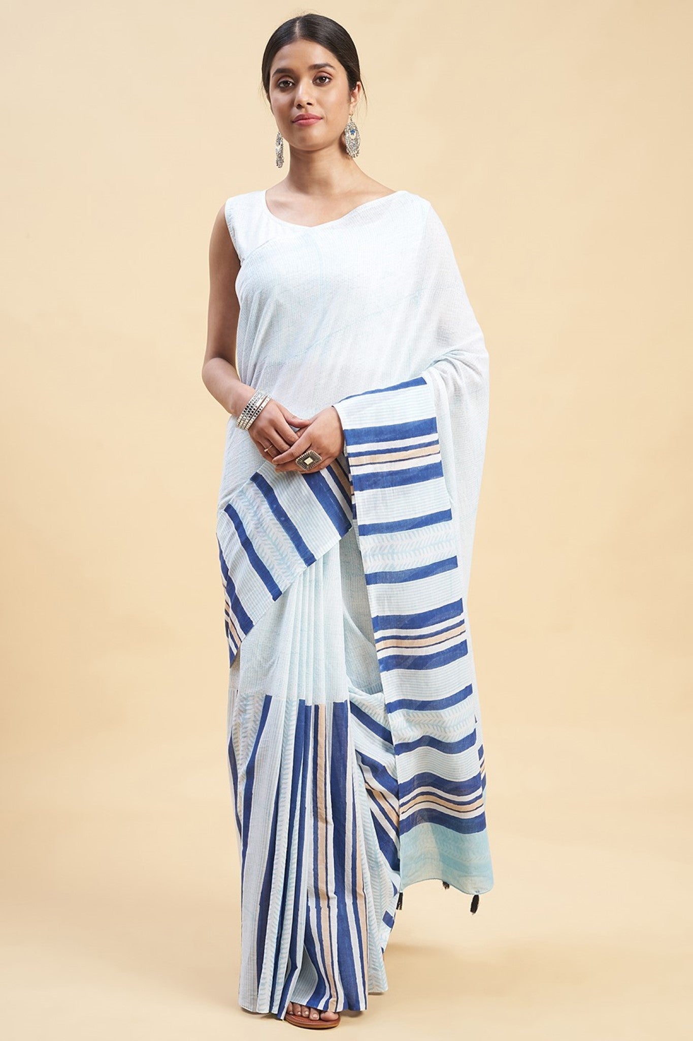 Handmade Block Printed Cotton Saree with Candy Blue Stripes - Elegant Traditional Indian Attire for Weddings, Festivals & Special Occasions