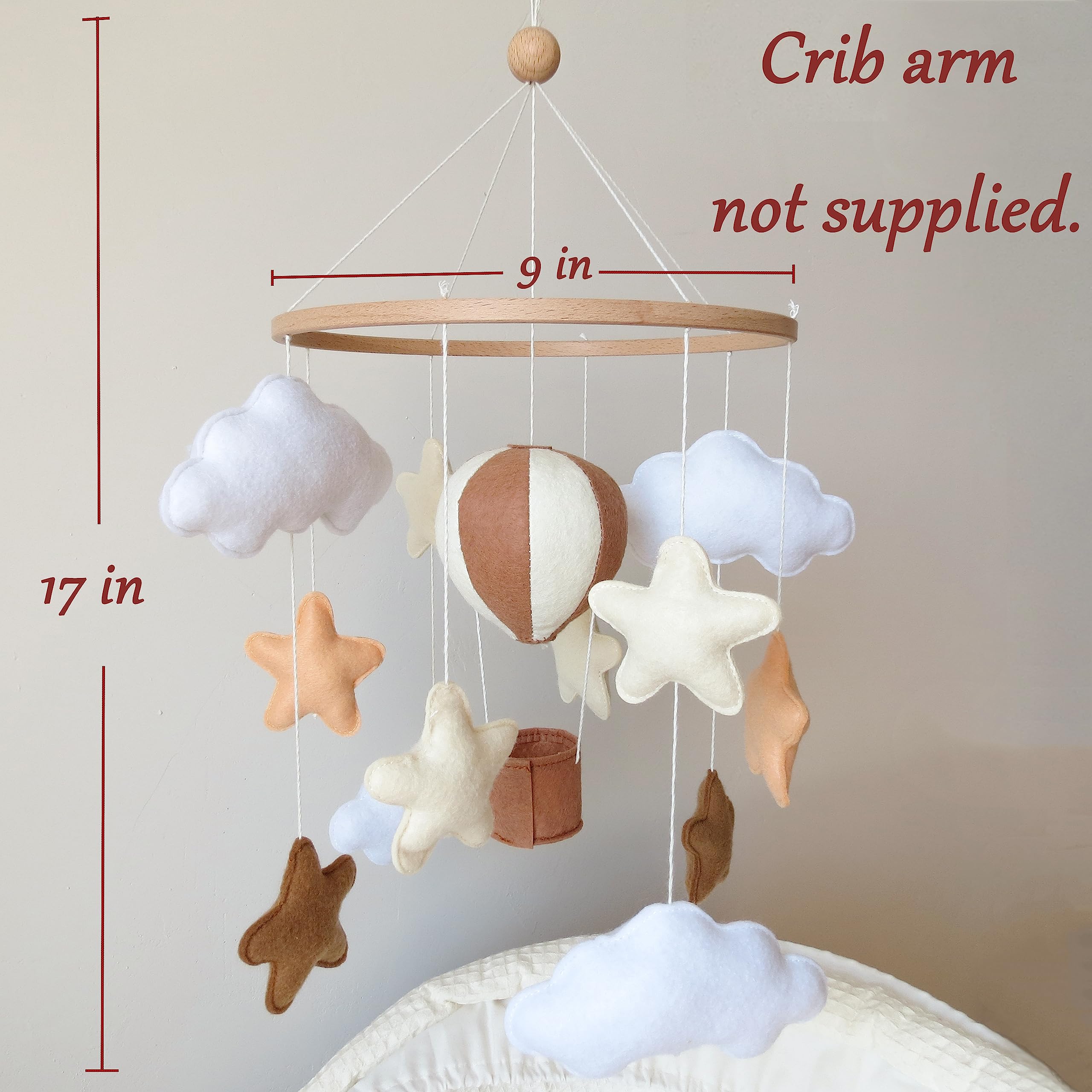 **Goukurlsma Neutral Hot Air Balloon Baby Mobile for Crib - Stars & Clouds Design, Beige Felt & Bamboo, Crib Mount, Unisex Newborn & Infant Nursery Decor - Perfect for Soothing & Entertaining Babies**