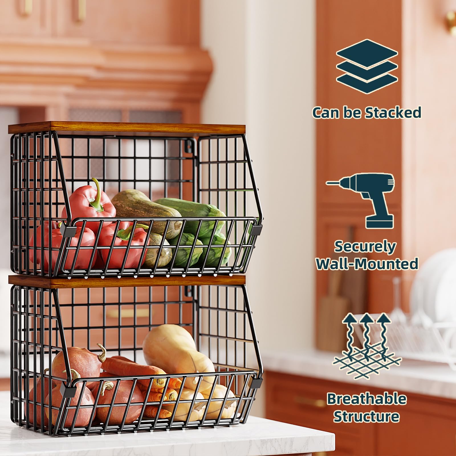 SUFAUY 2-Pack Black Wire Fruit Basket for Kitchen - Pantry Storage Bin for Potatoes, Onions & Bread - Countertop or Wall Mounted Organizer for Fresh Produce & Bakery Items
