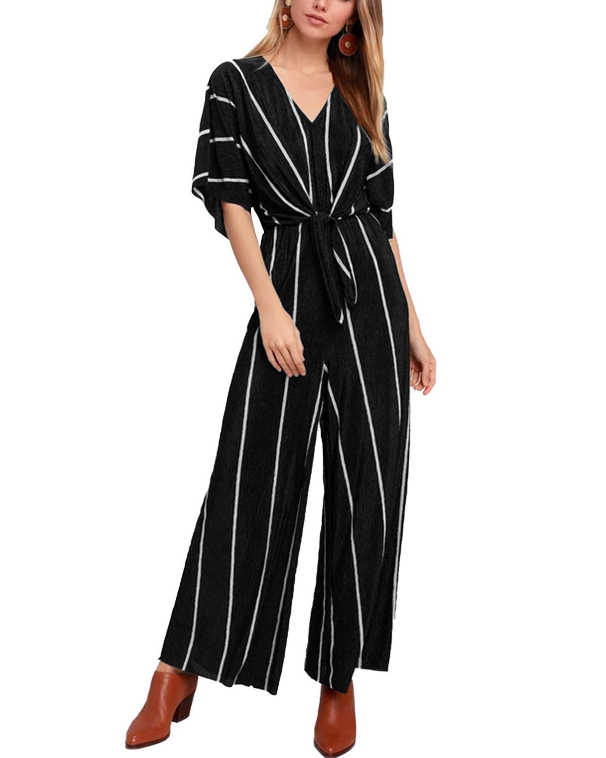 **Celmia Women's Long Sleeve Jumpsuit - Bell Sleeve V-Neck Loose Wide Leg Romper Wrap Pantsuit for Casual Wear, Office Outfits & Travel**