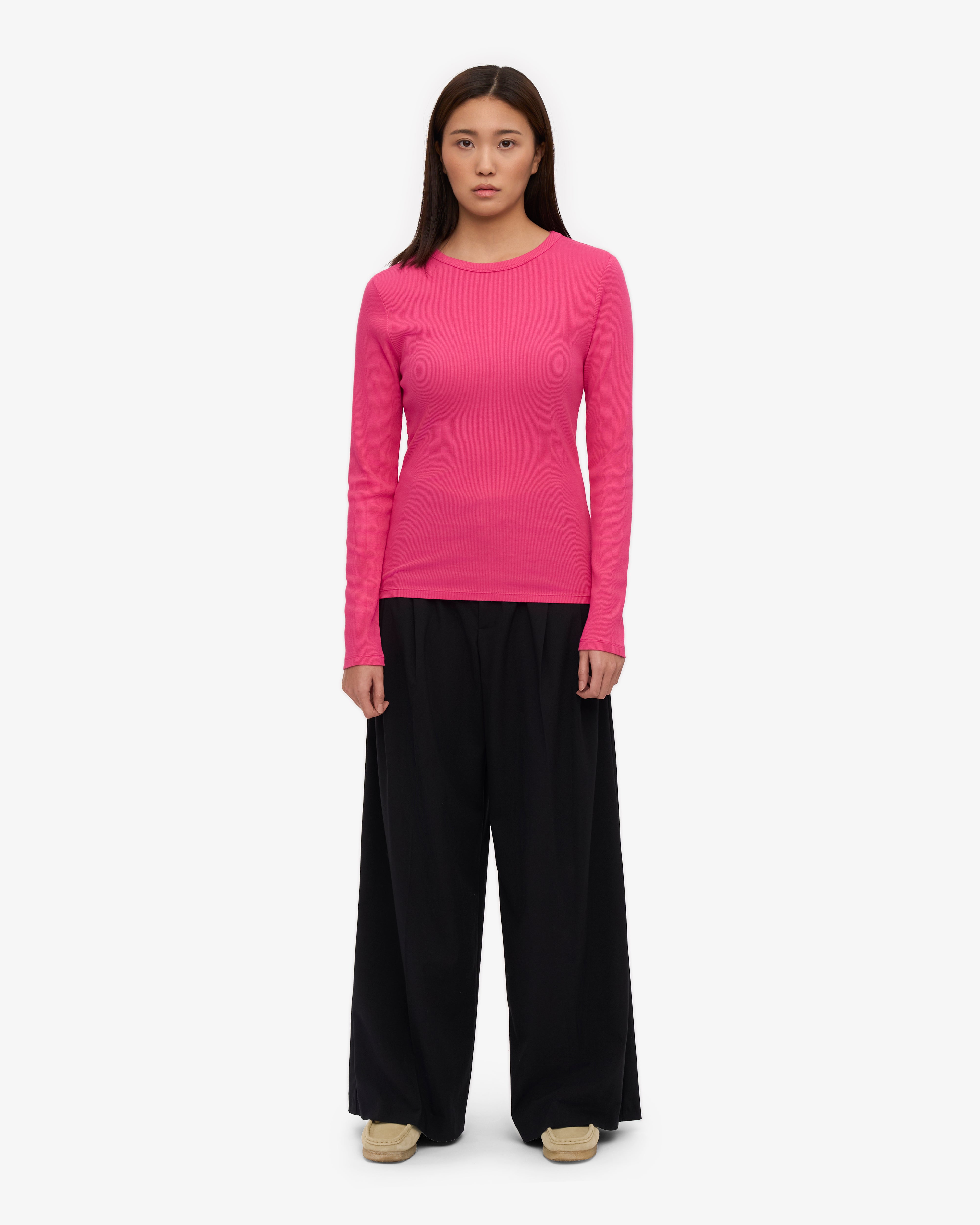 Organic Women's Long Sleeve Ribbed T-Shirt - Bubblegum Pink | Soft Cotton Comfort Fit for Casual Wear & Layering