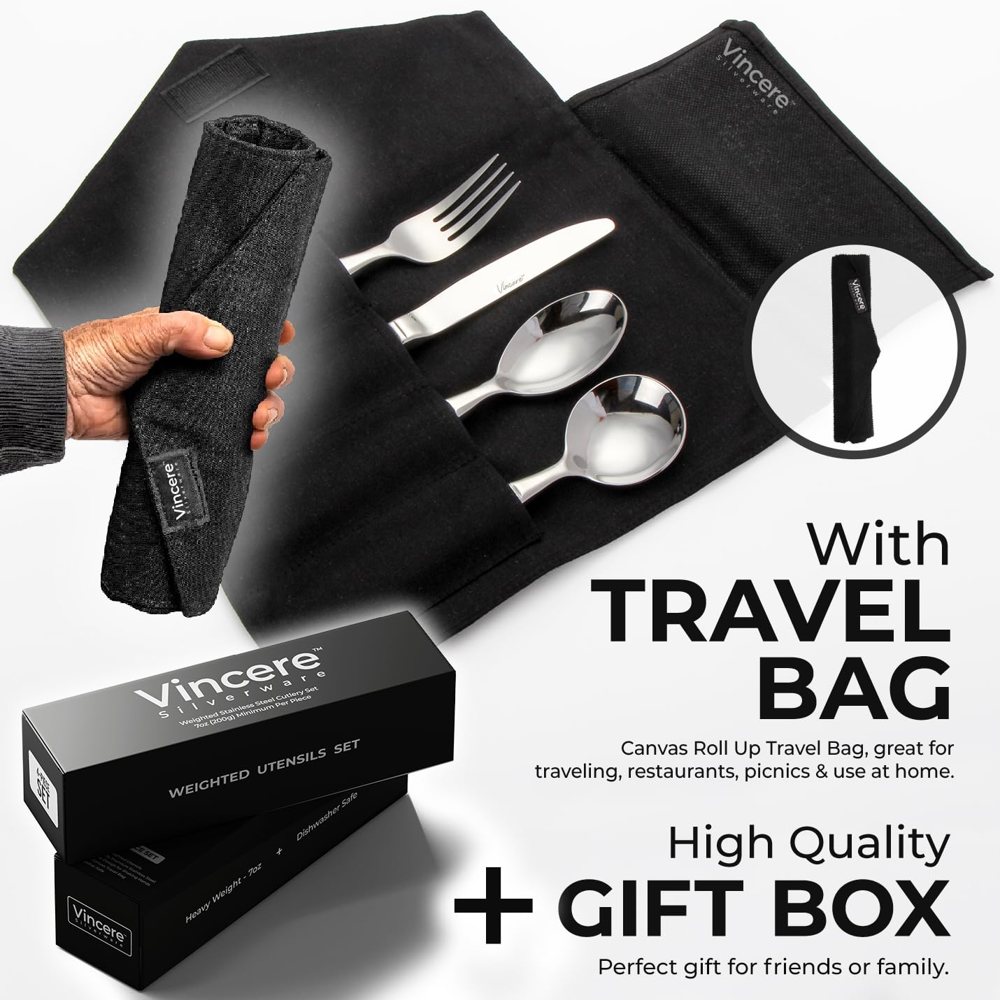 Weighted Utensils for Tremors & Parkinson's - Heavy Stainless Steel Adaptive Silverware Set (7oz) - Helps with Hand Tremors, Parkinson's & Arthritis - Includes Knife, Fork & Spoons - Ideal for Easier Eating & Independent Living