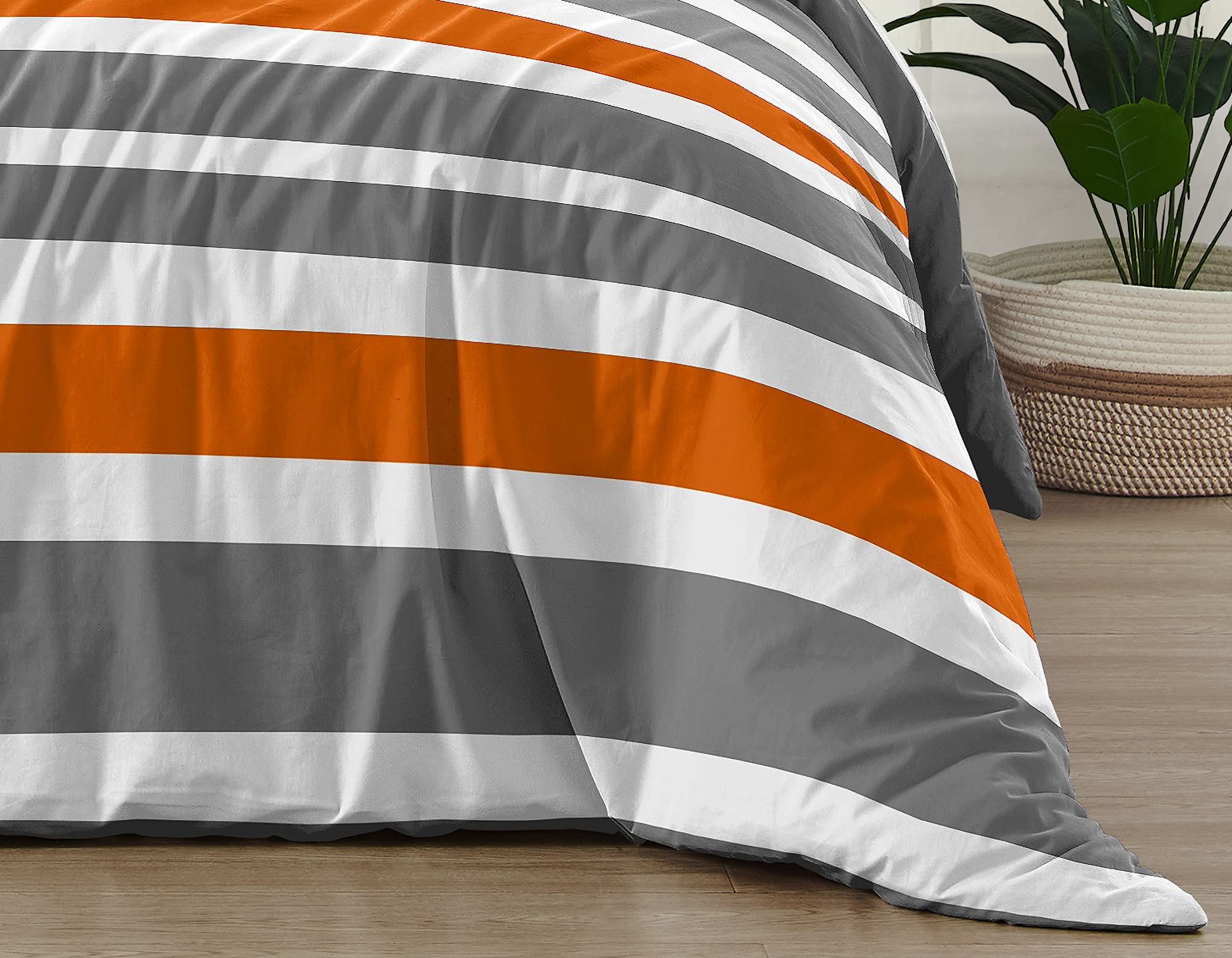 Gray, Orange & White Striped 3-Piece Boys Bedding Set - Full/Queen Size for Kids & Teens - Perfect for Bedrooms, Dorms & Sleepovers