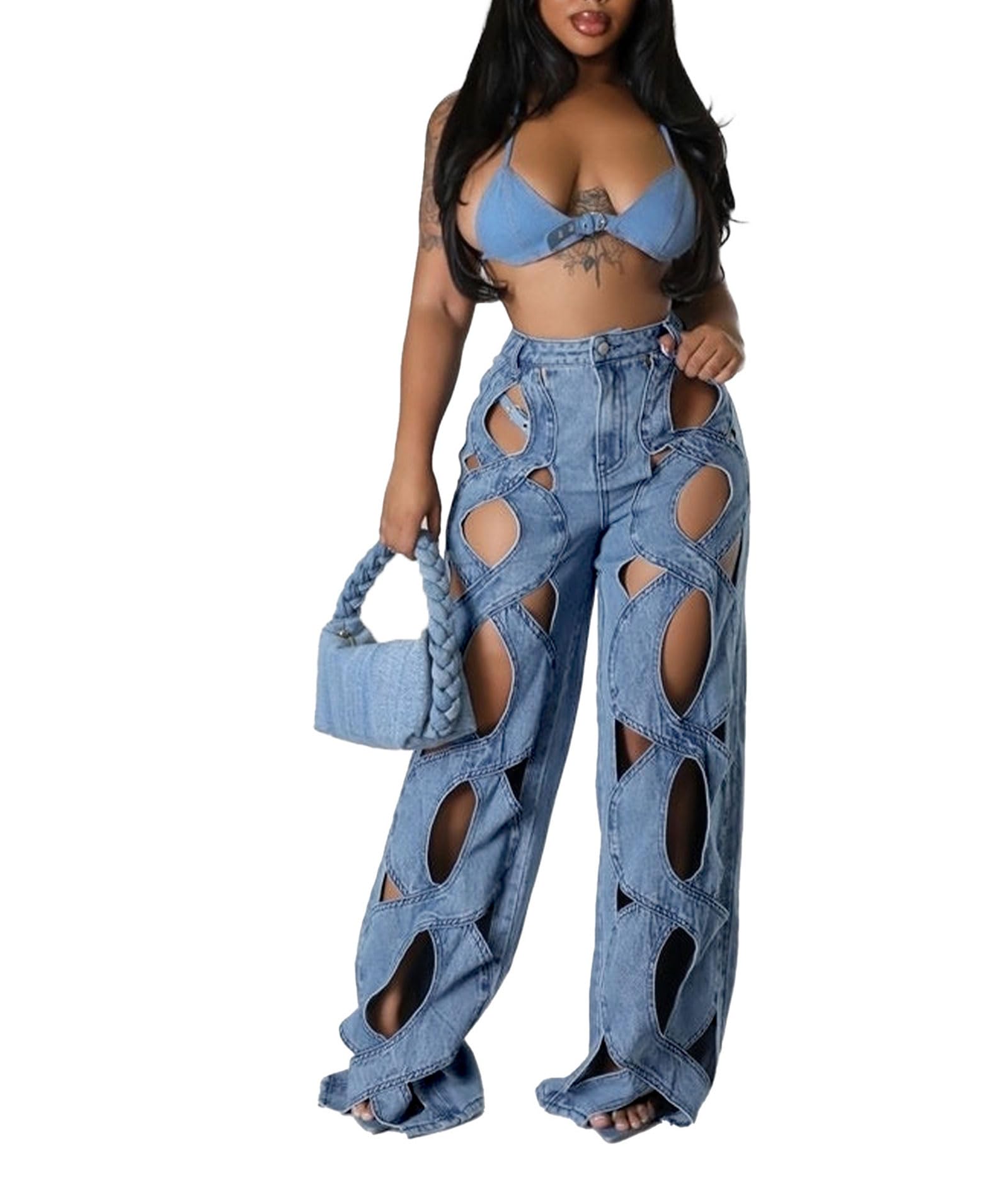 xxxiticat Women's Hollow Out High Waist See Through Denim Pants - Wide Leg Loose Fit Cutout Jeans for Casual Wear & Street Style Fashion