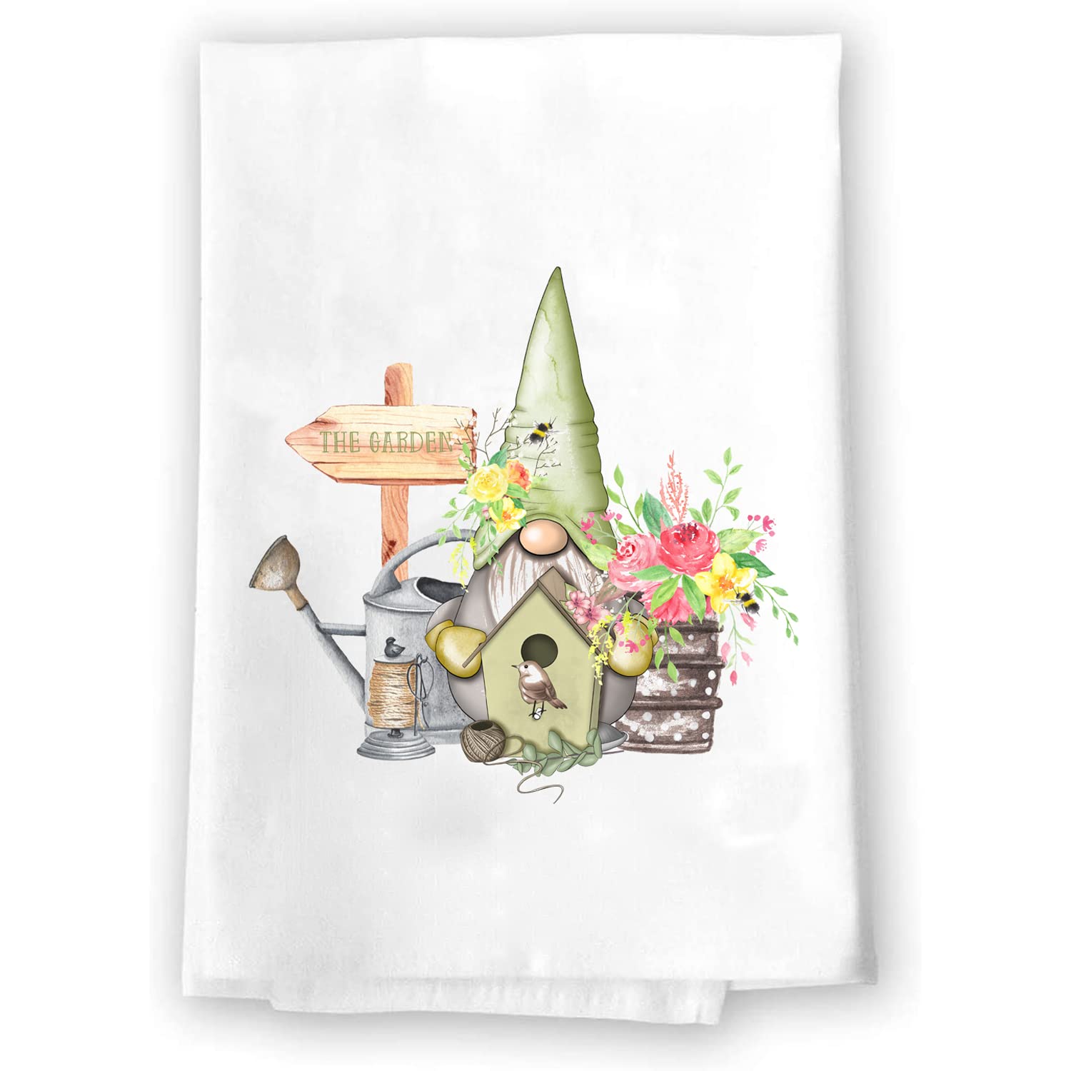 Decorative Kitchen & Bath Hand Towel Set - Gnome, Flowers, Birdhouse & Water Pot Design - Spring Summer Garden Theme - Home Decor & Housewarming Gift for Kitchen, Bathroom, or Guest Room