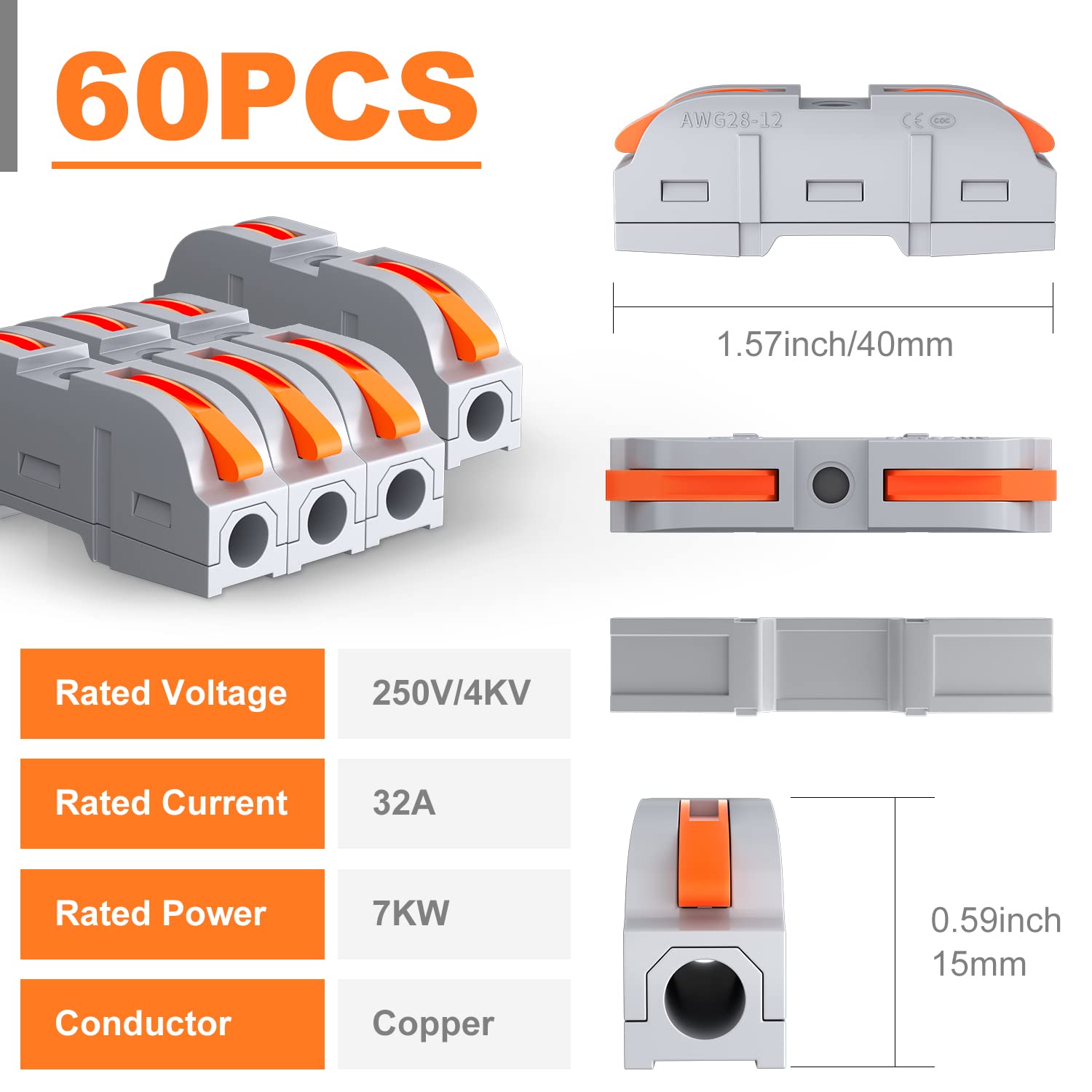 60 PCS Lever Wire Connectors Kit - 1 to 1 Inline Electrical Connectors, Push-in Quick Connect for 28-12 AWG Wires - Compact Splicing Solution for Home Electrical Projects, DIY Repairs & Automotive Wiring