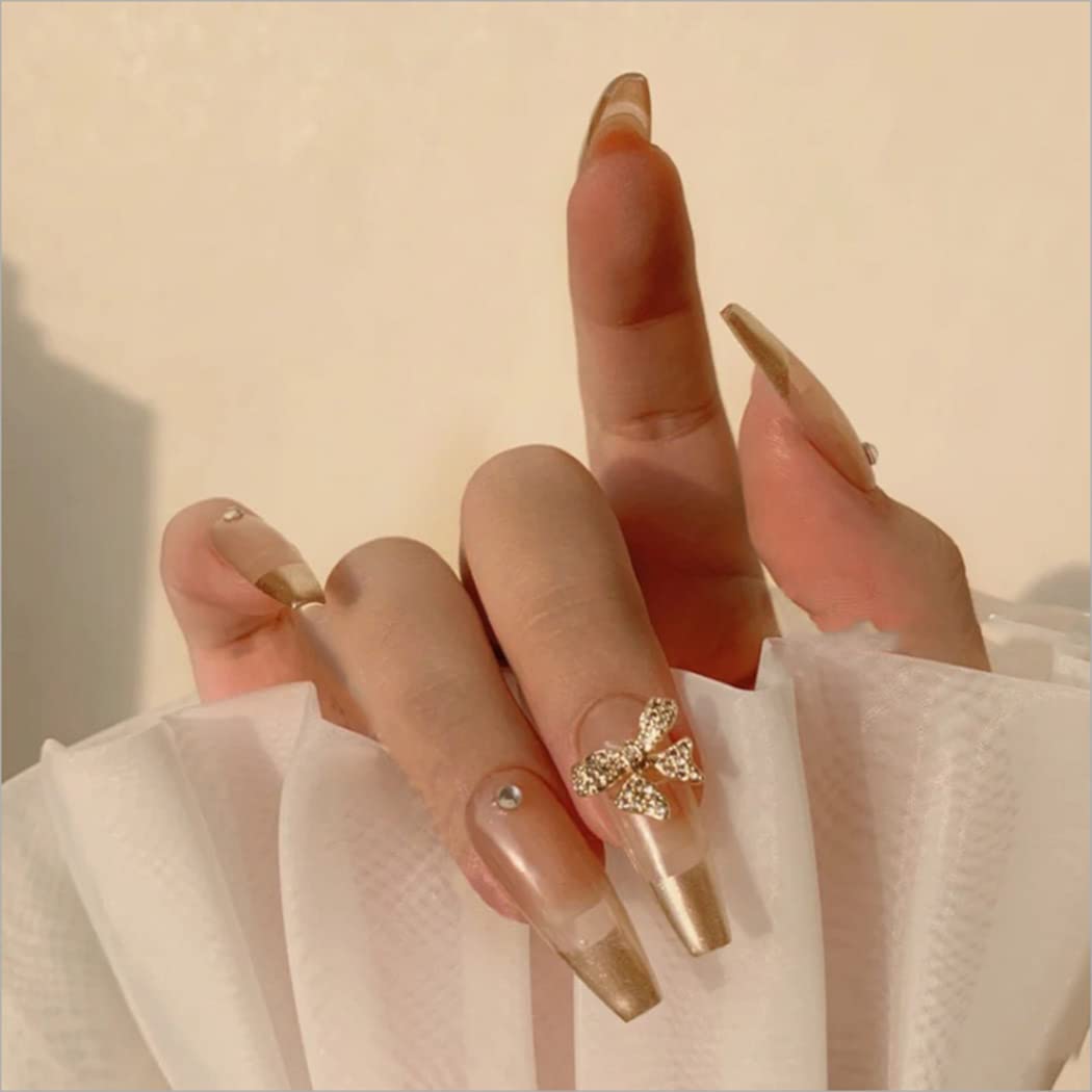 24pcs Luxury 3D Bowknot Acrylic Press-on Nails - Golden French Ballerina Coffin Fake Nails with Glossy Finish for Women & Girls | Perfect for Parties, Weddings & Special Occasions