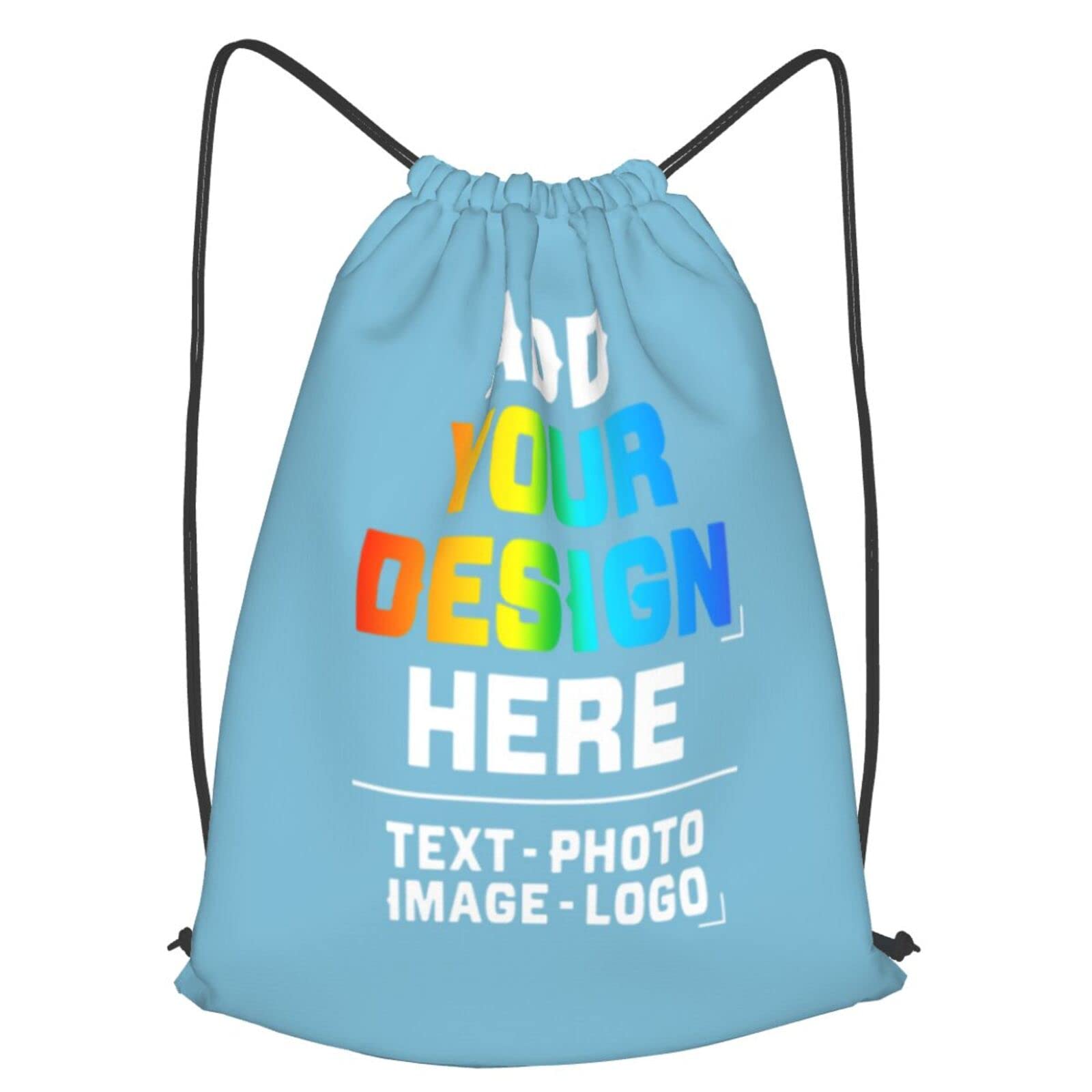 Custom Personalized Drawstring Backpack with Photo & Text - Water Resistant Sports Sackpack for Men, Youth & Boys - Gym, School, Travel & Outdoor Activities - Sky Blue 16.5