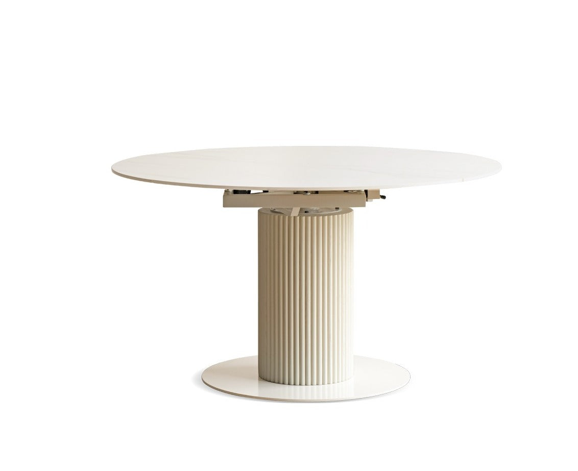Solid Oak Wood Round Extendable Dining Table with Rock Plate Design - Cream Finish for Modern Dining Room & Kitchen Decor