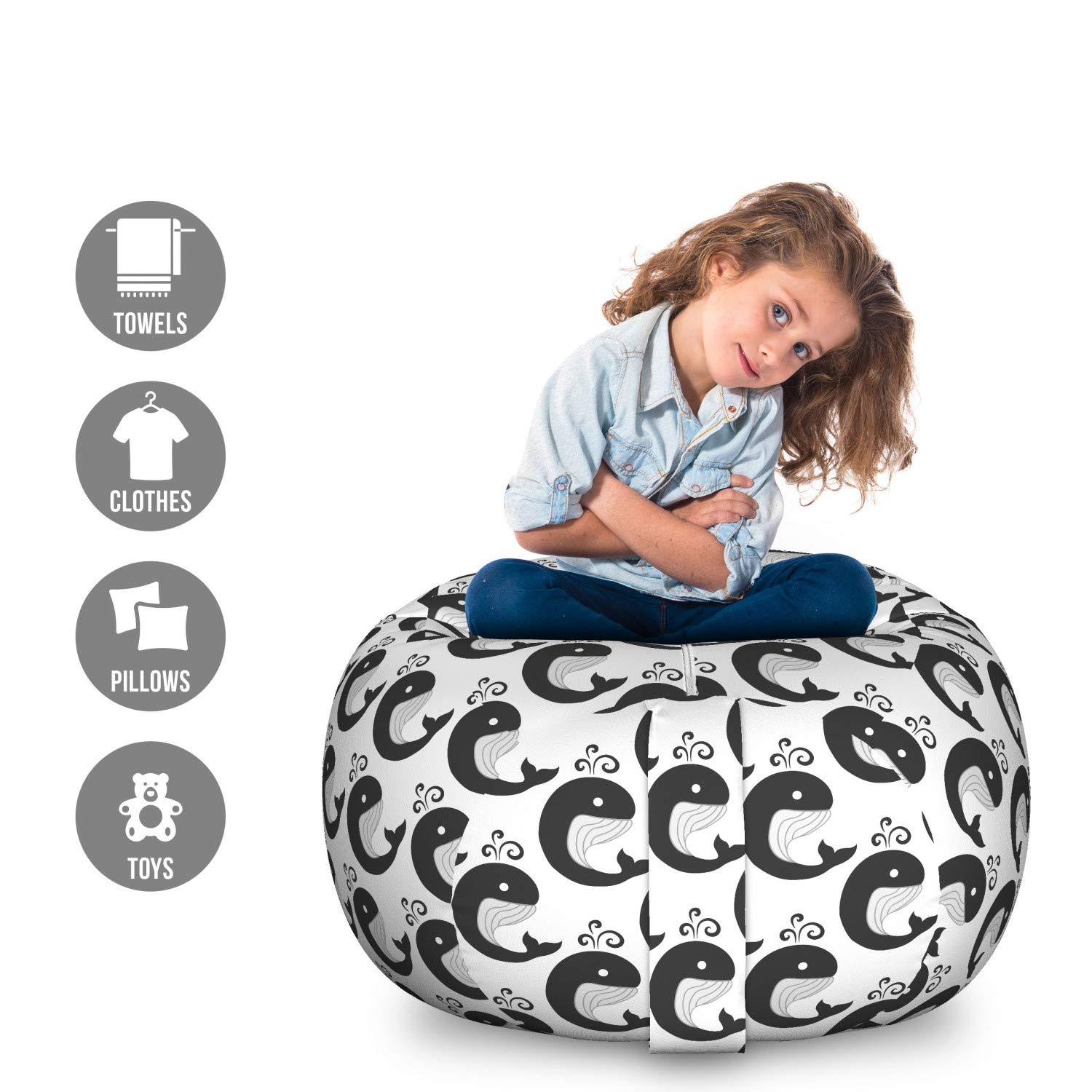 Ambesonne Whales Storage Toy Bag Chair - Large Washable Stuffed Animal Organizer with Symmetric Underwater Animal Print - Perfect for Kids' Room, Nursery, and Playroom Organization (White & Dark Grey)