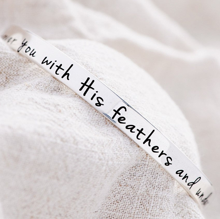 Psalm 91:4 Sterling Silver Bangle Bracelet - He Will Cover You With His Feathers - Religious Jewelry for Women, Christian Gift for Baptism, Confirmation & Daily Faith Inspiration