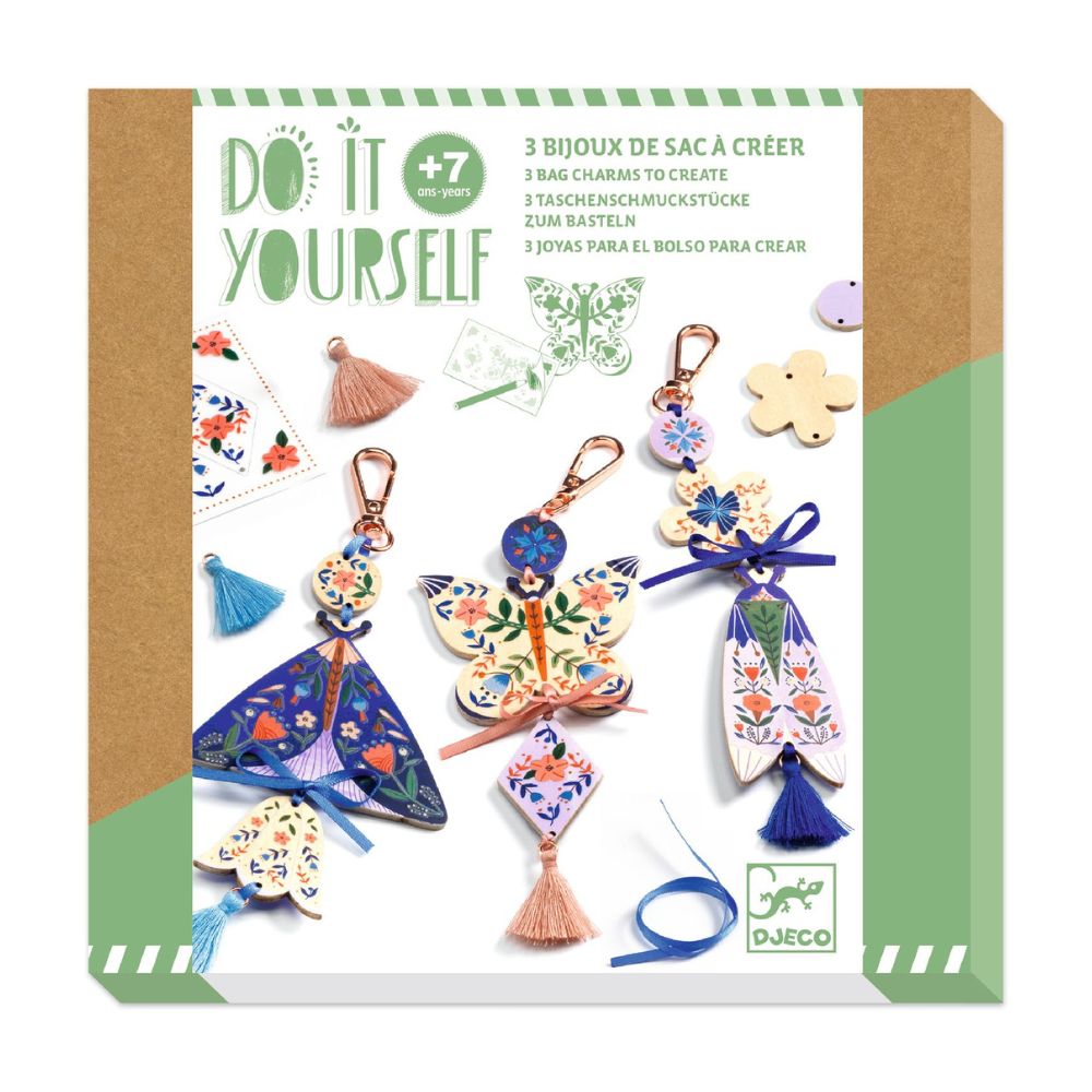 DIY Butterfly Charms Kit - Create 3 Beautiful Bag Charms | Perfect for Jewelry Making, Gift Giving & Craft Projects | Djeco Art & Craft Supplies