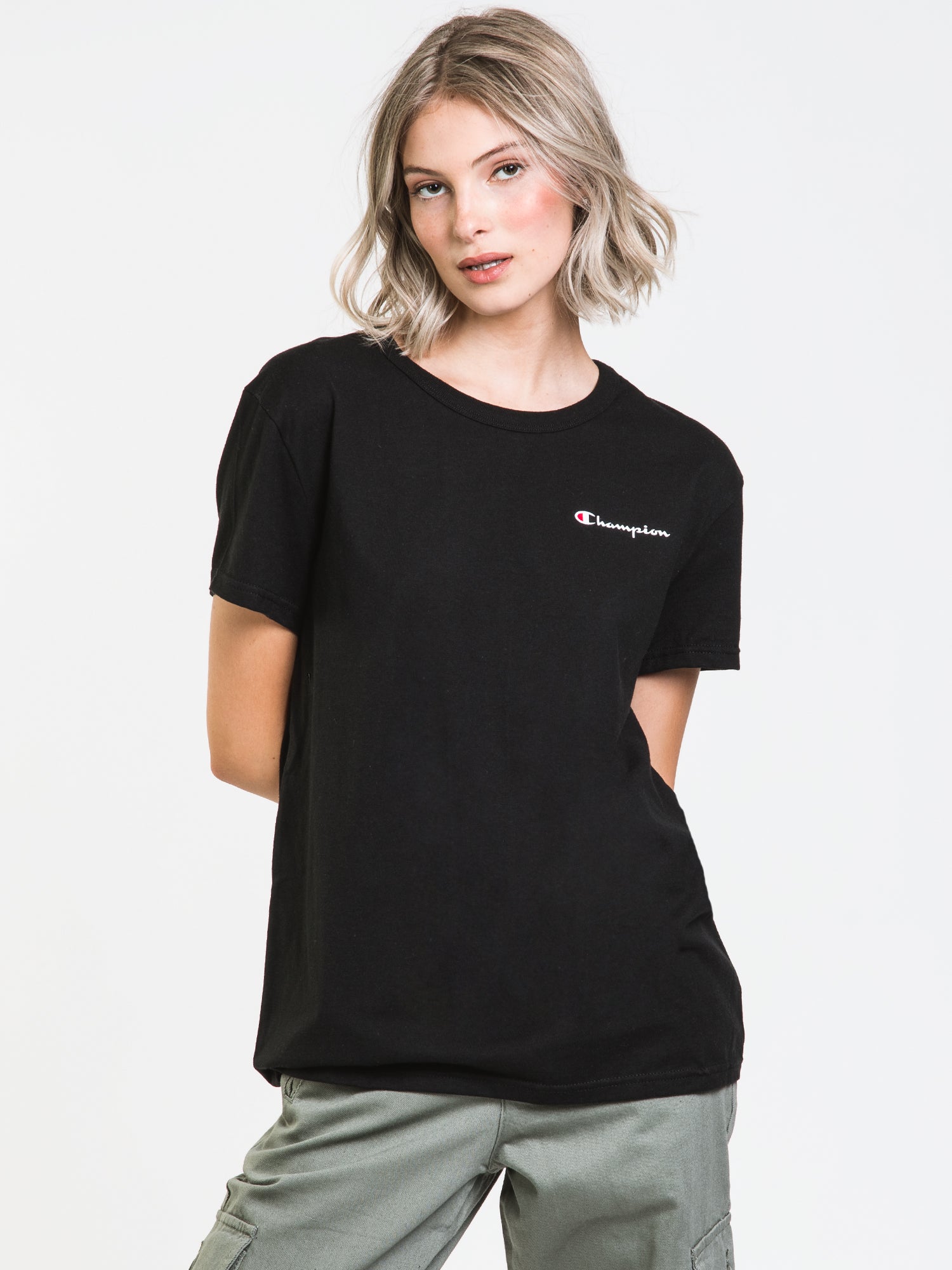 Champion Boyfriend Script T-Shirt - Soft Cotton Relaxed Fit Tee for Women | Casual Wear, Lounge & Everyday Outfits