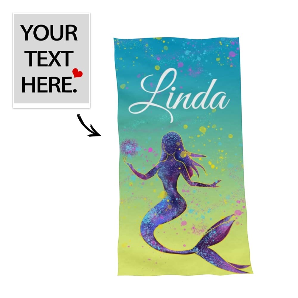 BUY JOY Personalized Mermaid Beach Towel for Women & Girls - Large 30×60 Inch Quick Dry Bath & Pool Towel with Custom Name - Perfect for Beach Vacations, Swimming Pools, and Summer Outings