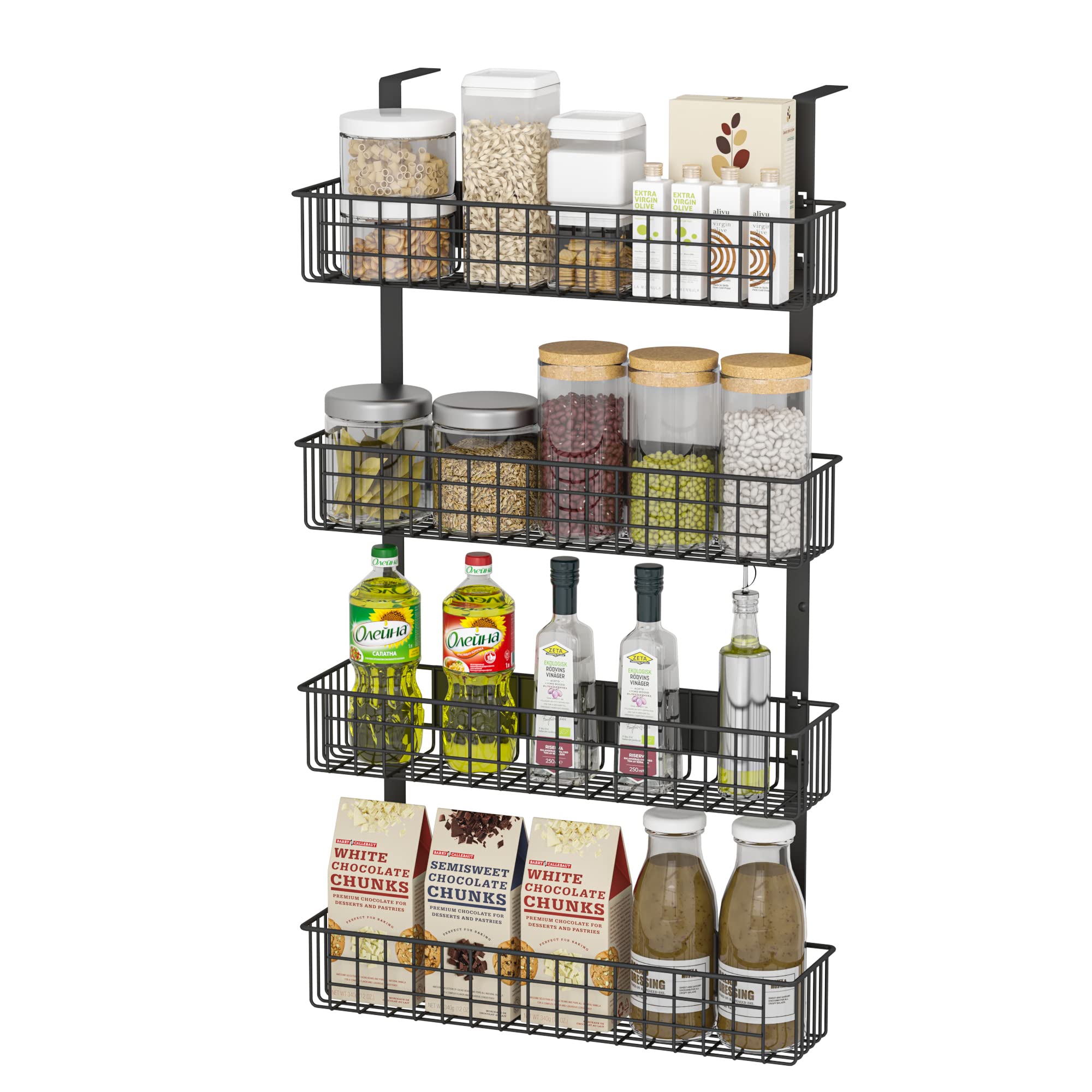 4 Tier Magnetic Spice Rack Organizer - Strong Refrigerator Spice Shelf with Utility Hooks for Kitchen Storage - Holds Seasoning Bottles, Plastic Wraps & Garbage Bags - Perfect for Pantry, Fridge & Small Space Organization (Black)