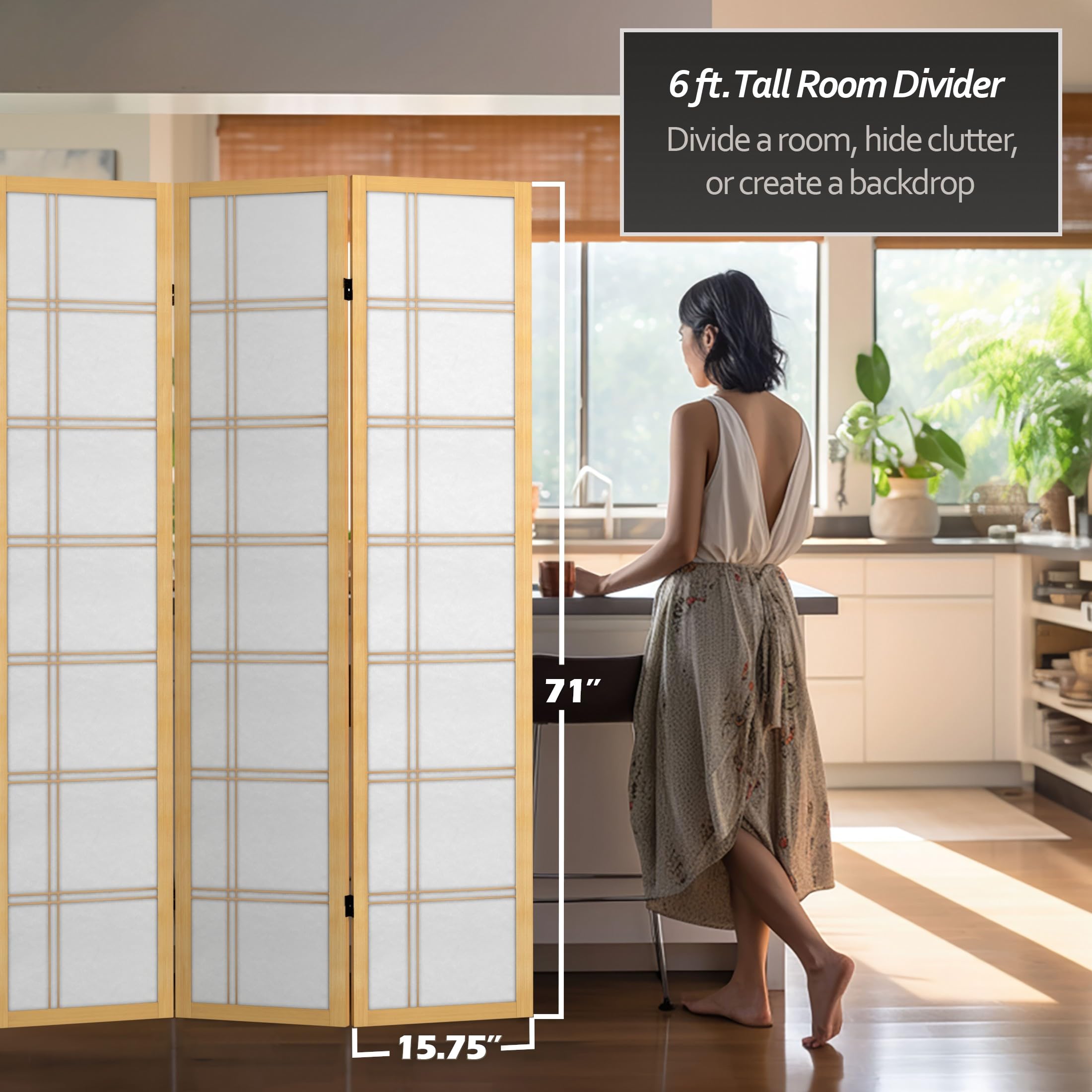 6 ft. Tall Natural Canvas Double Cross Room Divider - 6 Panel Folding Privacy Screen for Home, Office, or Event Decor | Red Lantern Design