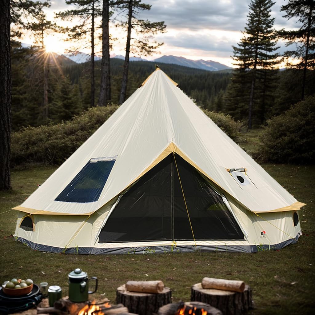 300D Oxford Waterproof Backpacking Bell Tent with Top Stove Jack - All Season Camping Yurt for Glamping, Outdoor Events & Parties (Off White, 13ft/16.4ft) - Perfect for Family Camping, Music Festivals & Wilderness Adventures