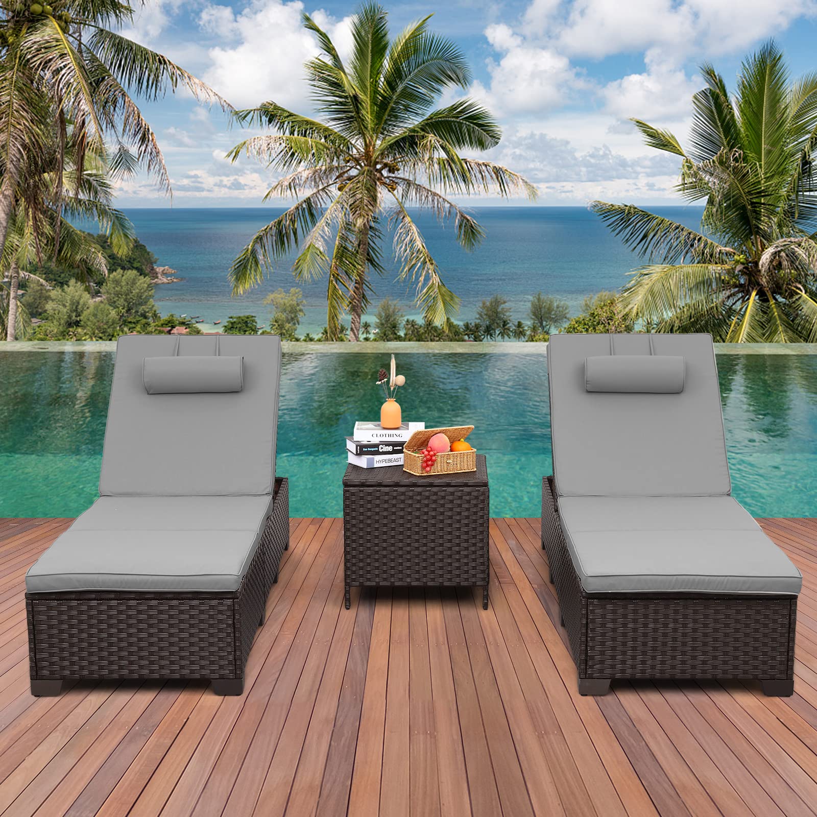 Outdoor PE Wicker Chaise Lounge Set of 3 - Adjustable Brown Rattan Recliners with Grey Cushions & Storage Table - Patio, Poolside, Garden Relaxation Furniture for Backyard, Beach House or Resort