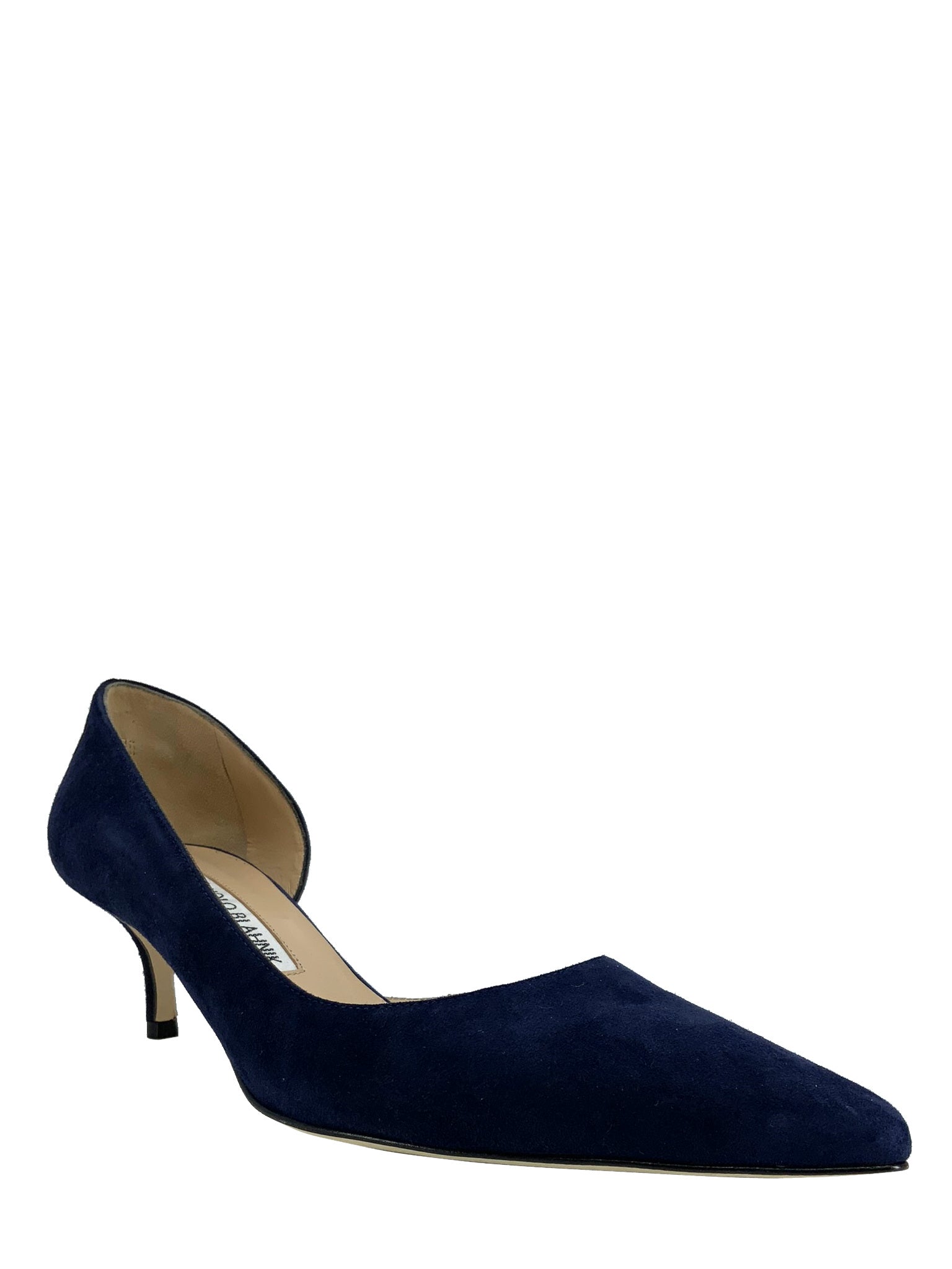 MANOLO BLAHNIK Collina Suede Half d'Orsay Pumps Women's Size 8 | Luxury Designer Heels for Weddings, Parties & Special Occasions