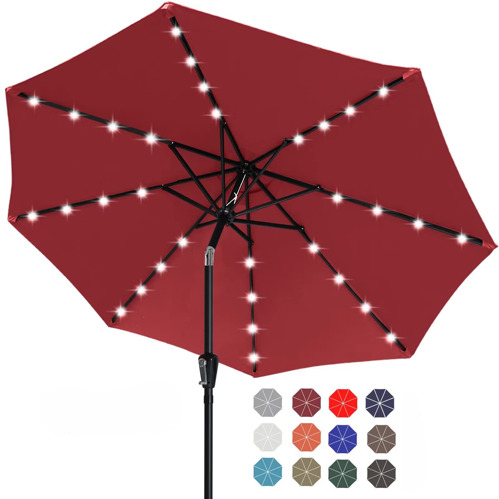 Durable 9FT Solar LED Patio Umbrella with 32 LED Lights - Burgundy Color for Outdoor Dining, Poolside Relaxation & Backyard Parties