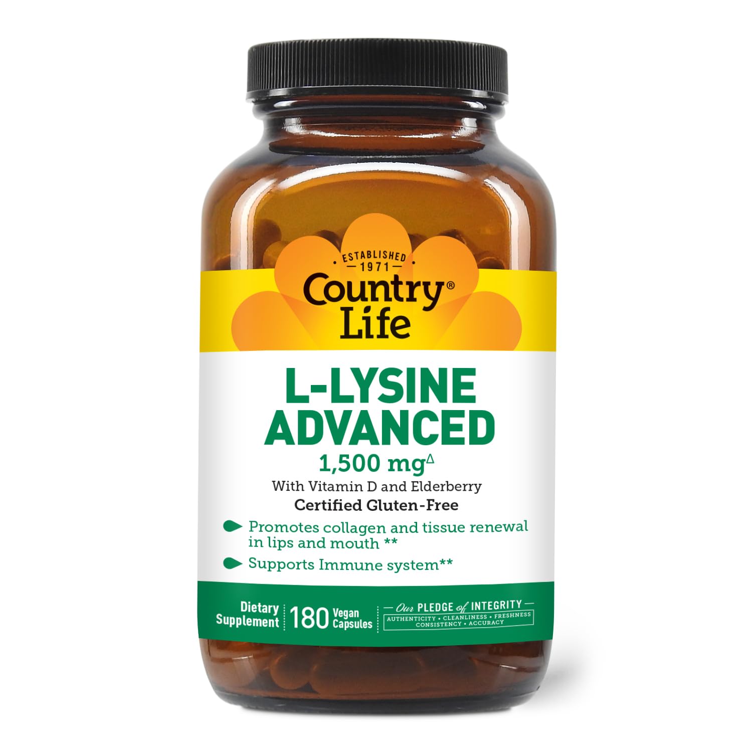 Country Life L-Lysine 1500mg with Vitamin D & Elderberry - Immune Support & Collagen Renewal Supplement - Gluten-Free Vegan Capsules (180 Count) - For Cold Season Wellness & Skin Health