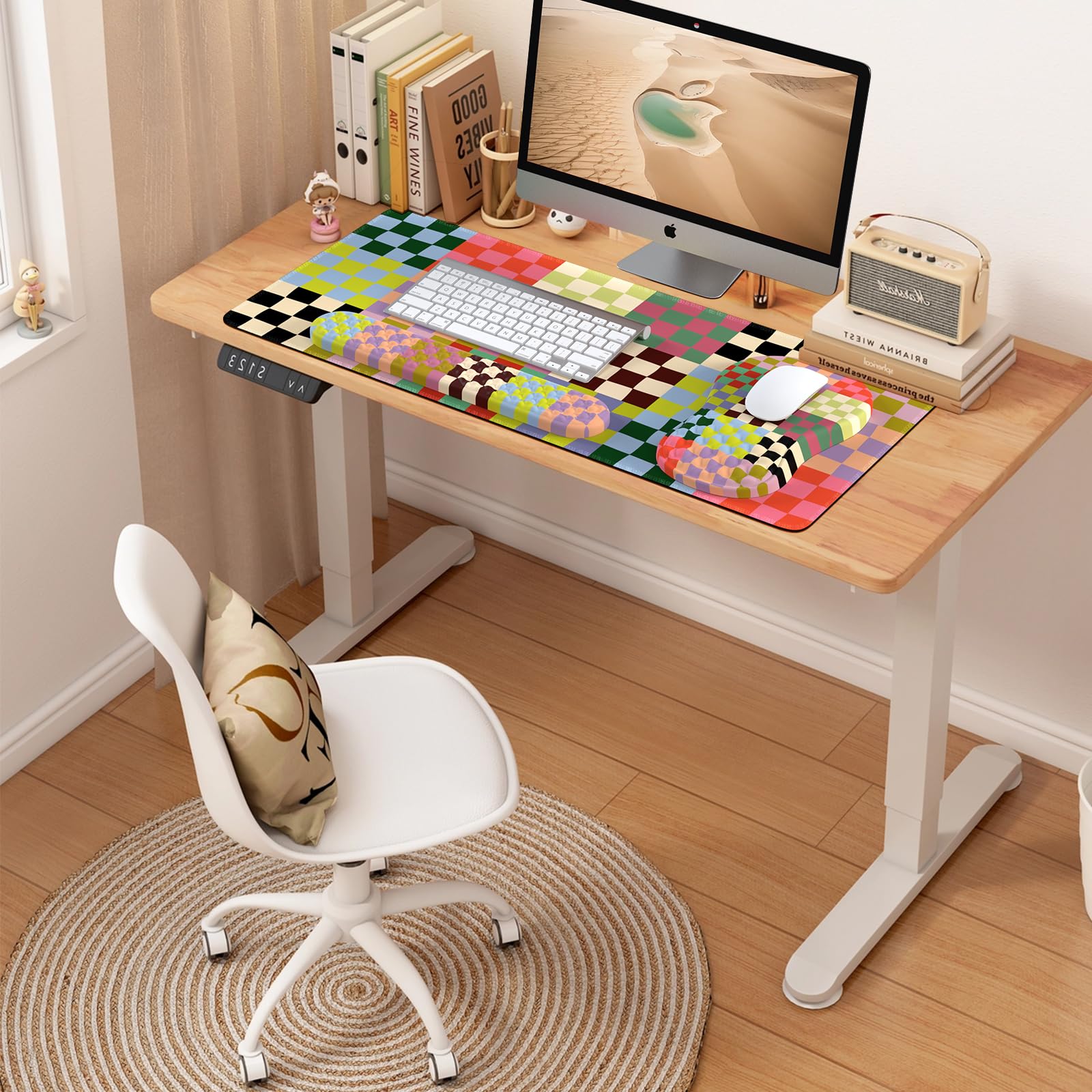 HAOCOO 4-in-1 Ergonomic Desk Mat Set with Memory Foam Wrist Rest, Non-Slip Mouse Pad & Coaster - Large Gaming Keyboard Mat for Office & Home Workspace - Checkered Design for Comfort & Style