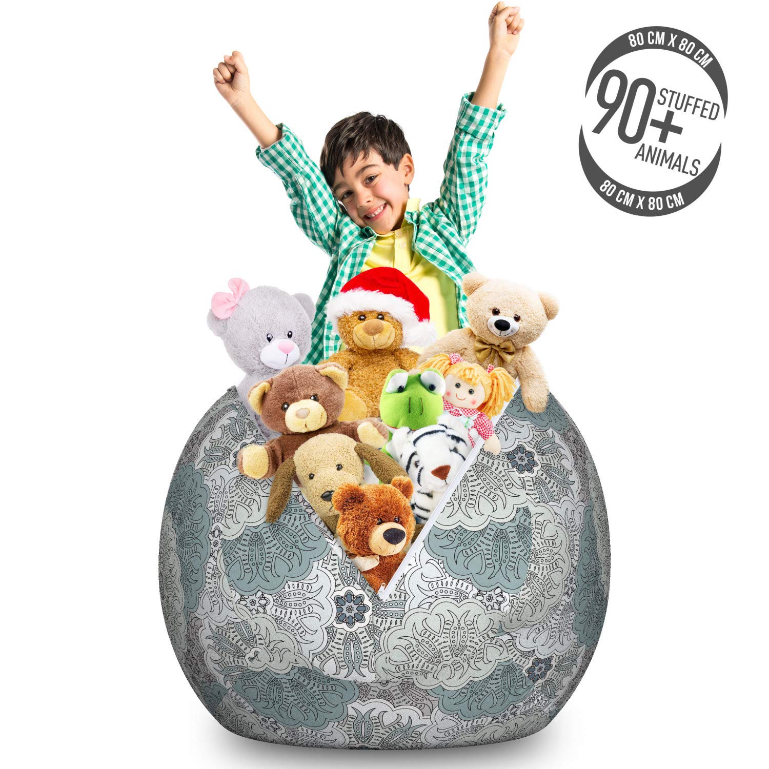 Ambesonne Grey Toy Storage Bag Chair – Large Washable Stuffed Animal Organizer with Eastern Mandala Tile Art Design | Perfect for Kids' Room, Playroom & Home Organization
