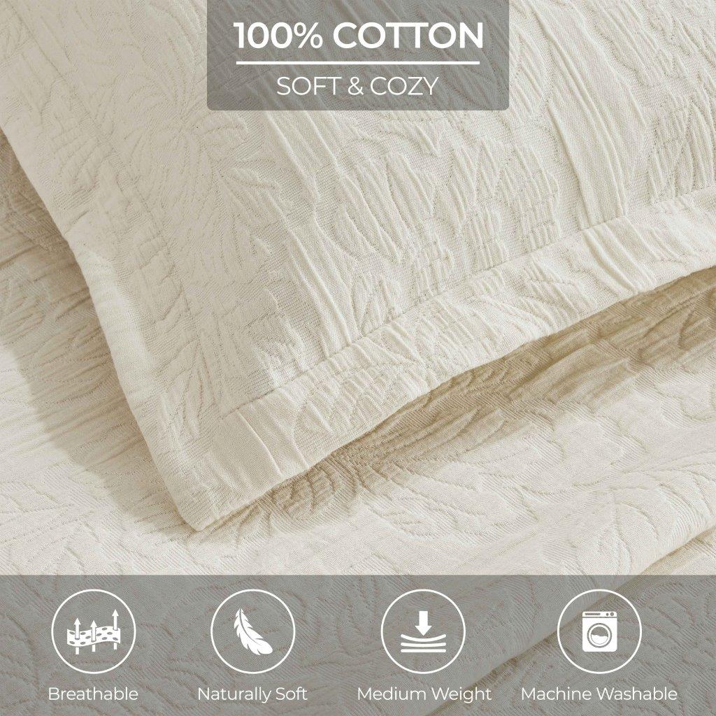 Hibiscus Cotton Medium Weight Matelasse Woven Bedspread and Sham Set - Queen Size, Floral Design, Soft & Breathable - Perfect for Master Bedroom, Guest Room, or Vacation Home Decor