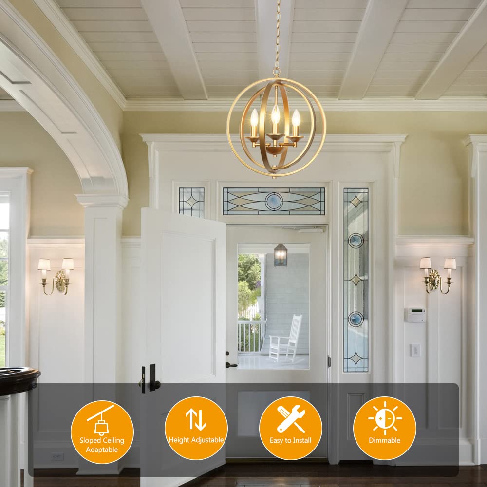 3-Light Gold Orb Chandelier - Modern Globe Pendant Light Fixture for Dining Room, Living Room, Bedroom | Elegant Lighting for Hallway, Stairwell & Foyer | Perfect for Home Decor, Wedding Venues & Luxury Interiors