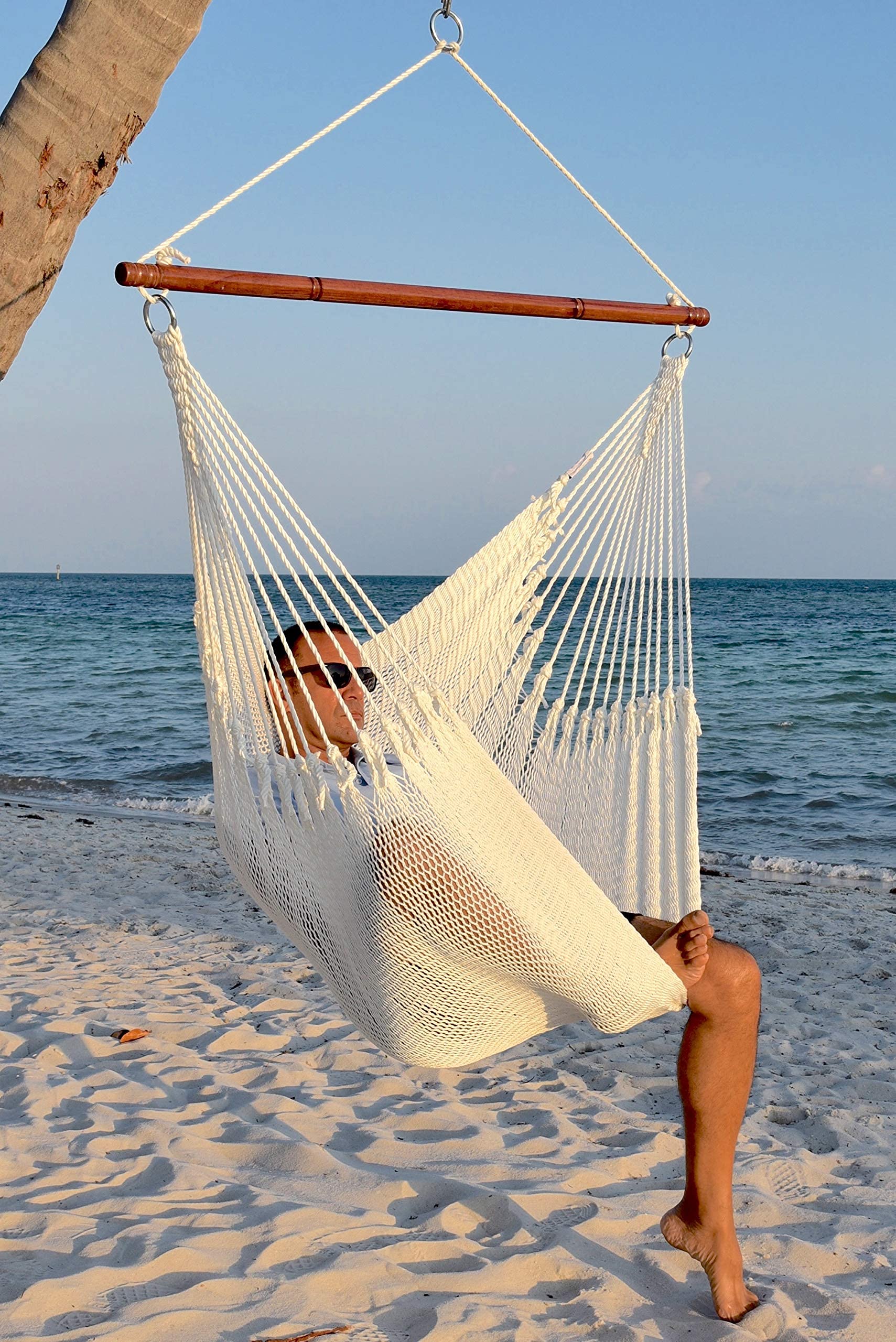Jumbo Caribbean Hammock Chair with Footrest - 55 Inch Oversized Hanging Swing Seat - Soft-Spun Polyester Fabric - White Outdoor Relaxation Chair for Patio, Garden & Backyard