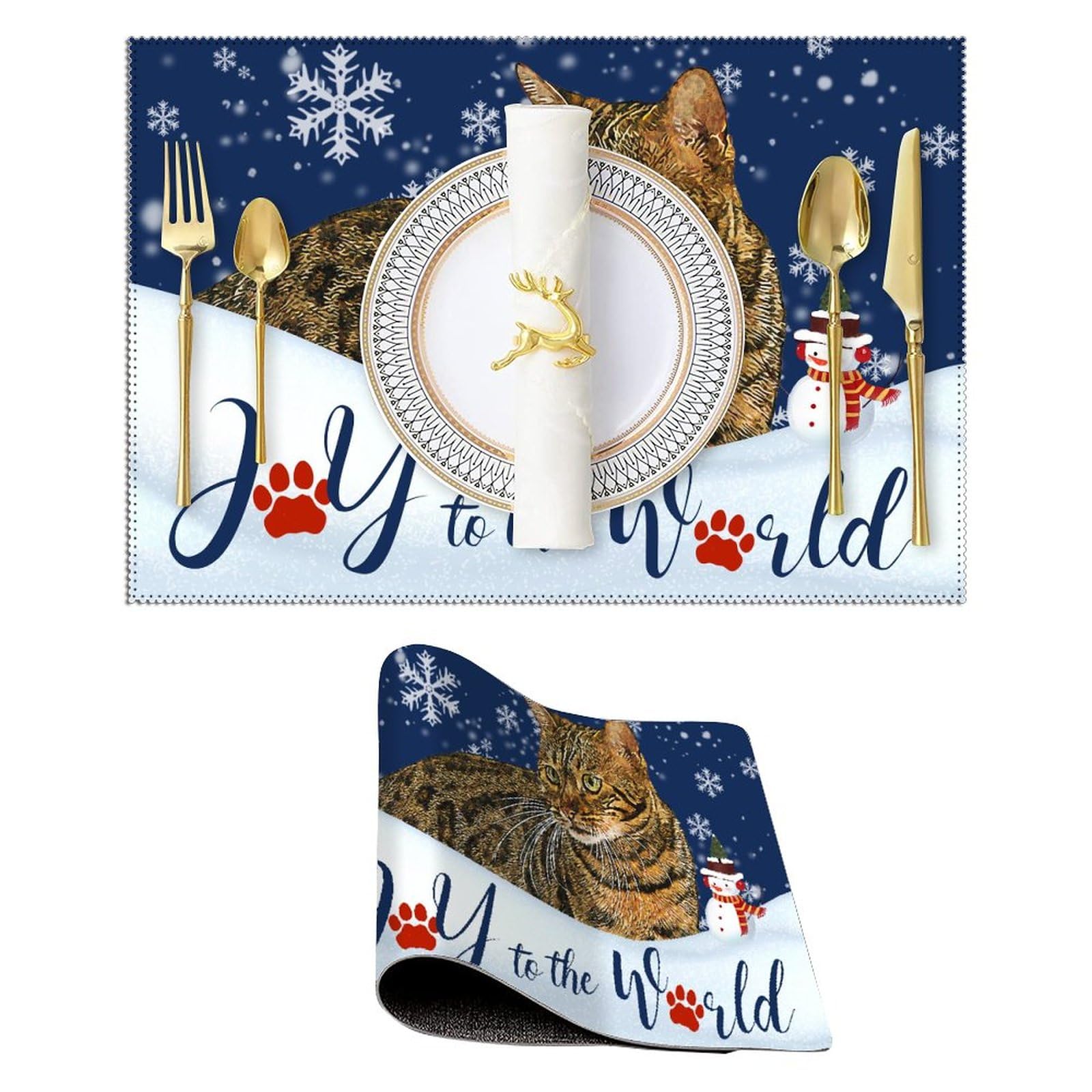 Joy to The World Winter Snowmen Cat Boho Place Mats - 12x18 Inch Washable Oxford Fabric Dining Table Mats - Elegant & Durable Kitchen Placement for Holiday Decor, Christmas Dinner, and Everyday Use