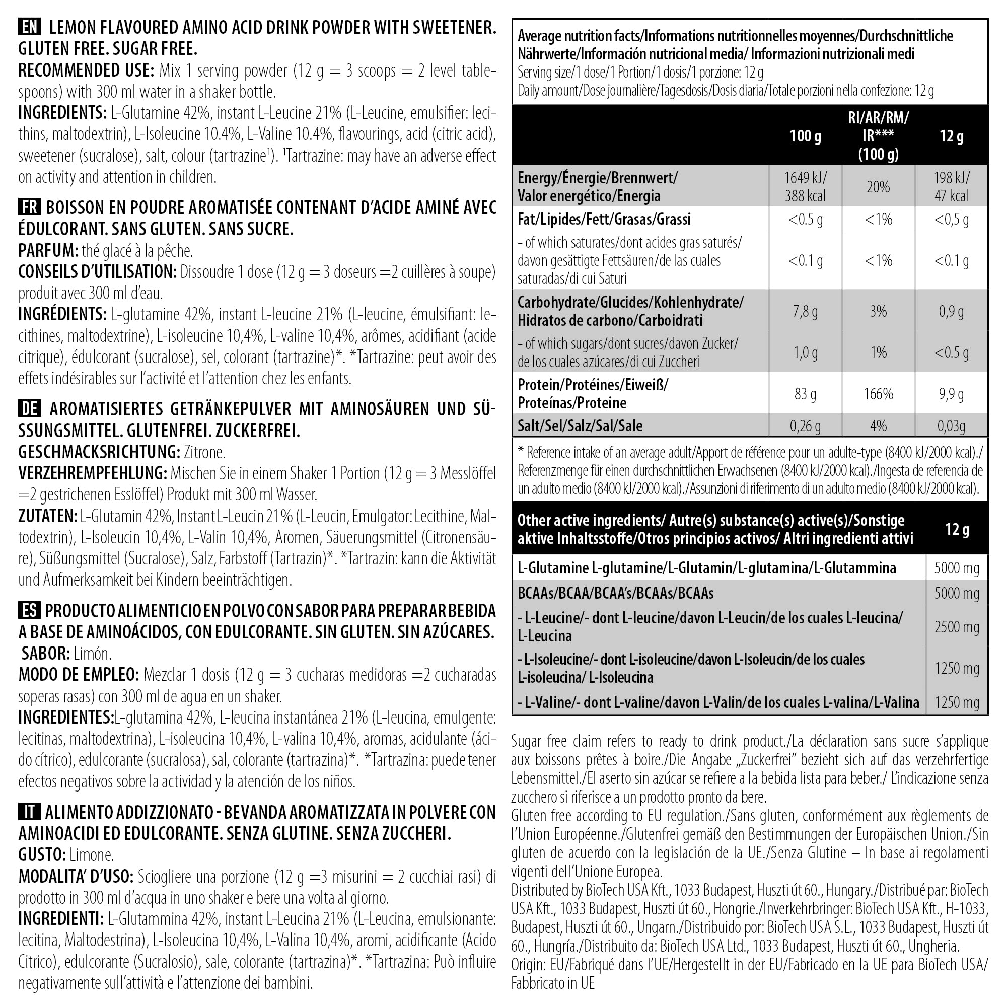 BioTechUSA BCAA + Glutamine Zero Powder - Lemon Flavor 480g for Muscle Recovery & Endurance | Pre & Post Workout Supplement for Athletes & Fitness Enthusiasts