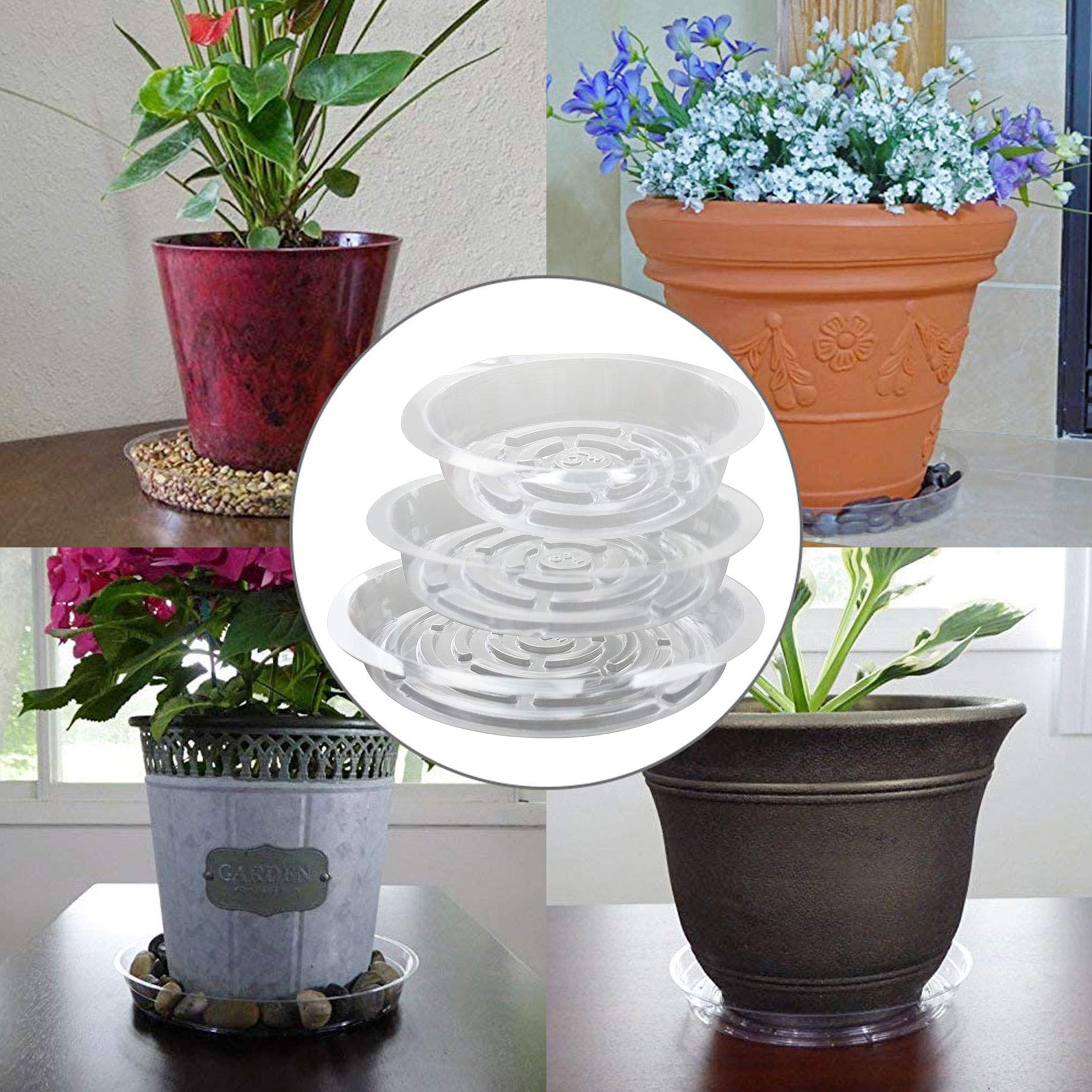 5-Pack Heavy Duty Clear Plastic Plant Saucers - Thick & Sturdy Drip Trays for Indoor/Outdoor Flower Pots - Perfect for Garden, Balcony & Patio Plant Drainage