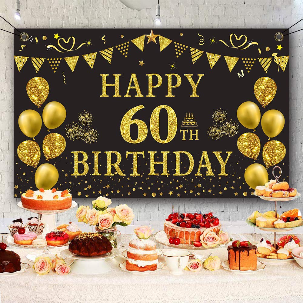 Trgowaul 60th Birthday Backdrop - 5.9x3.6ft Gold & Black Photography Background for Women & Men - Perfect for Milestone Birthday Parties, Photo Booths & Anniversary Celebrations