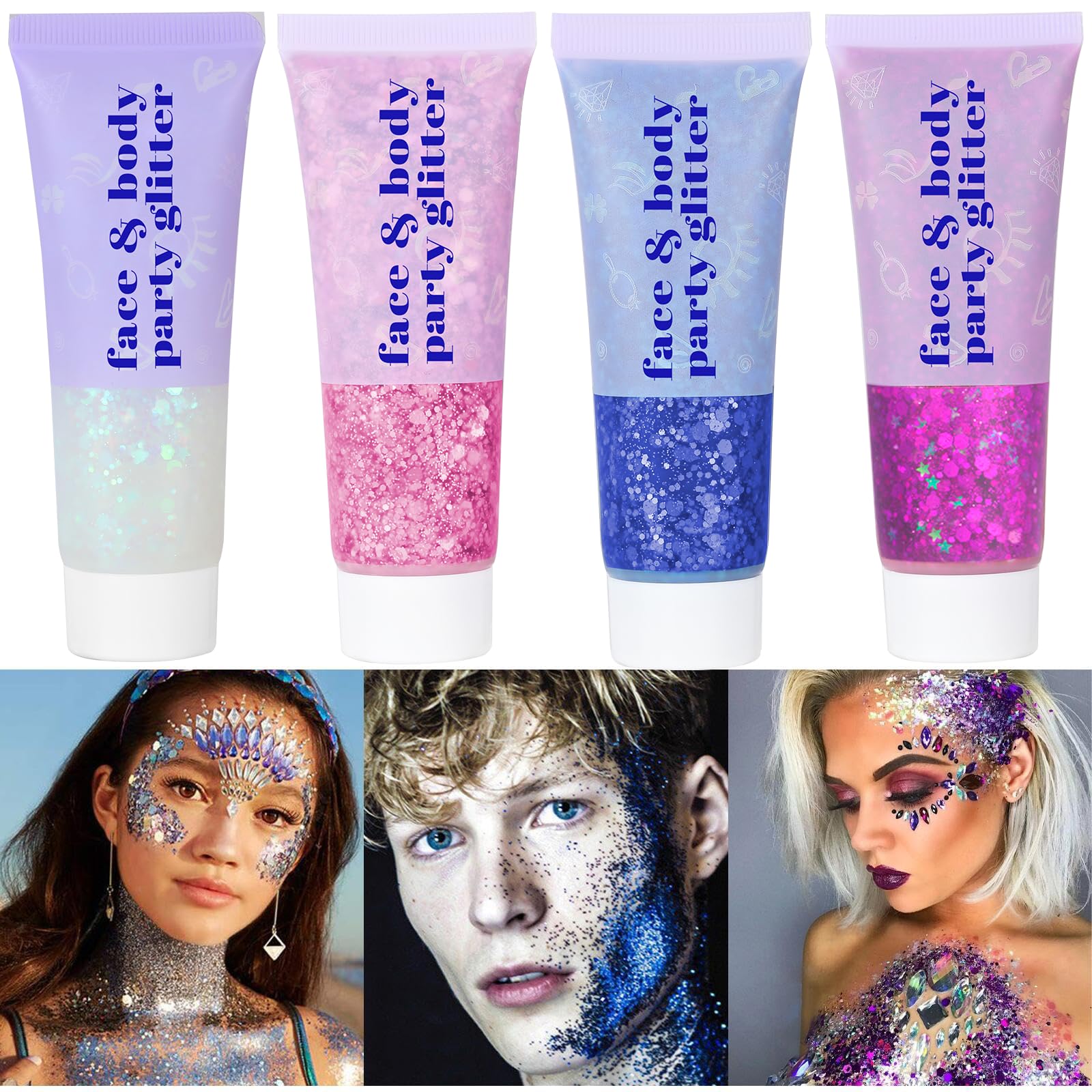 **Shimmering Body Glitter Gel for Face & Body - Holographic Sparkle Makeup for Concerts, Festivals & Halloween - Long-Lasting Chunky Sequins Glitter for Eyes, Lips, Hair & Nails - Perfect for Rave, Cosplay & Party Accessories**