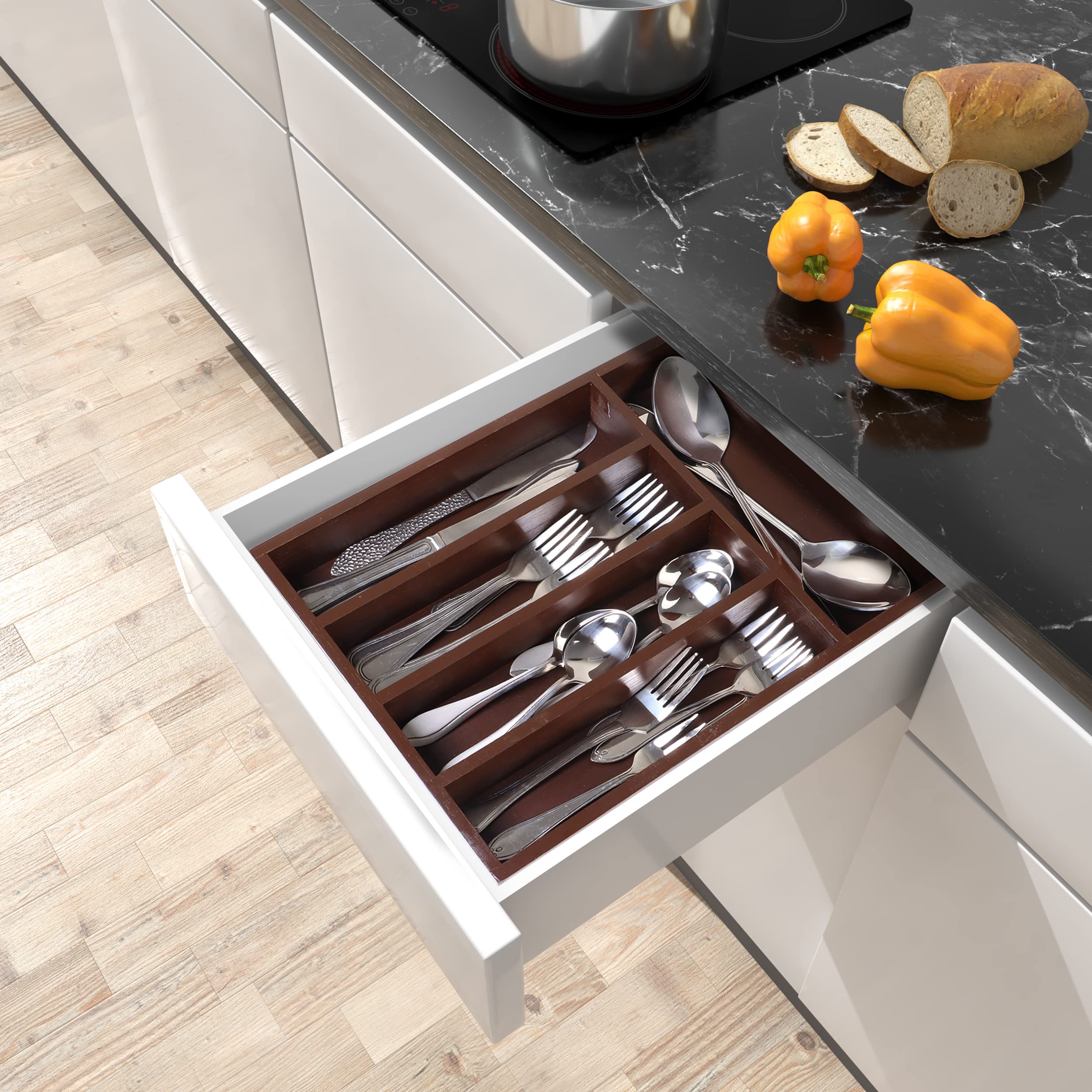 Utopia Kitchen Bamboo Silverware Organizer - 5 Compartment Drawer Tray for Cutlery, Utensils & Flatware (Brown) | Perfect for Kitchen Drawer Organization & Dining Table Storage | Pack of 1