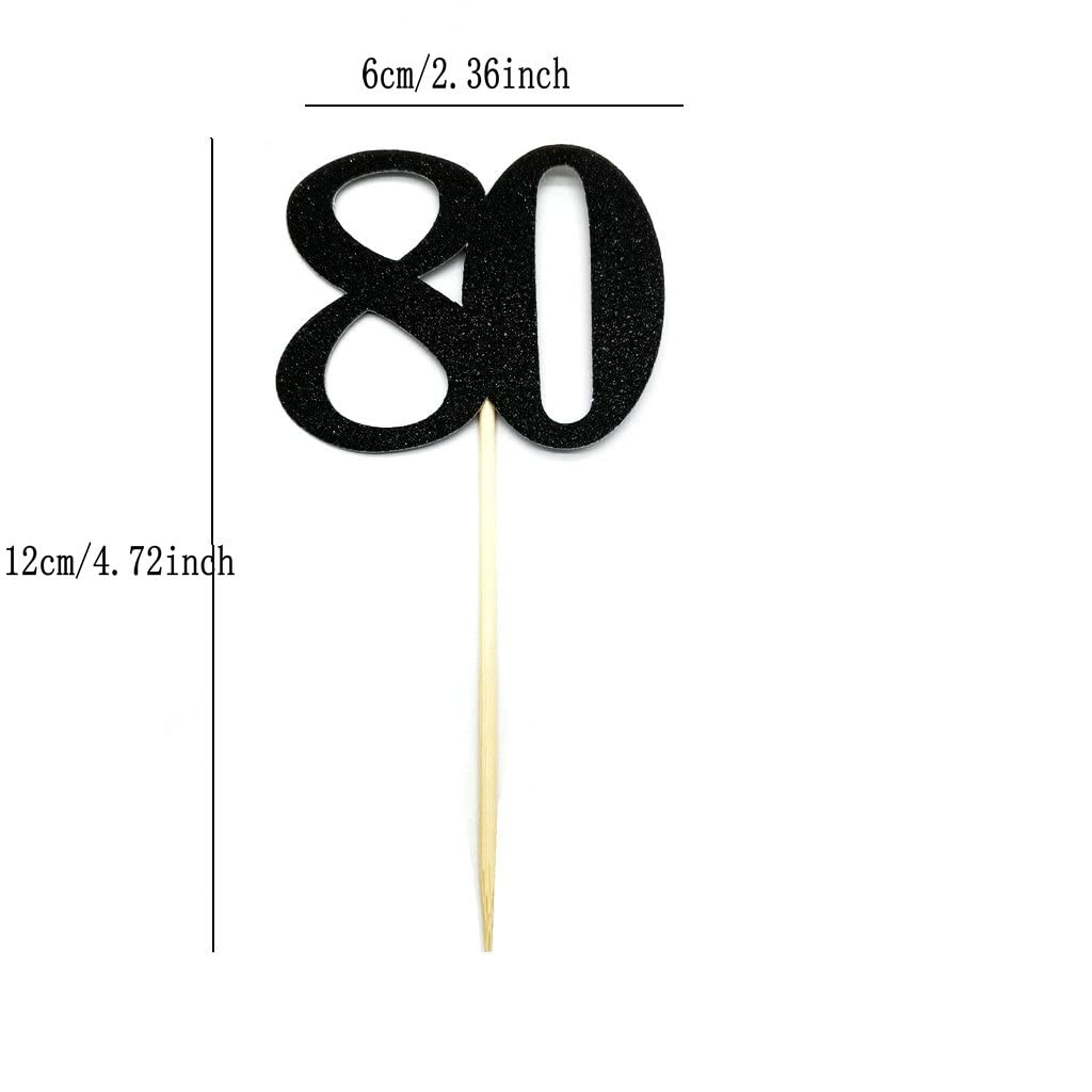 Black & Gold Glitter 80th Birthday Cupcake Toppers - 12pc Set for 80th Anniversary Party Decorations, Wedding & Celebration Cakes | Perfect for Milestone Birthdays, Retirement Parties & Special Occasions
