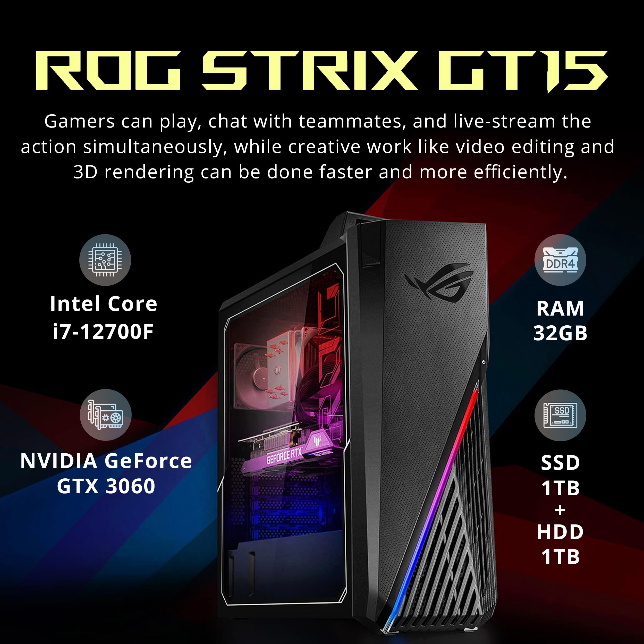 ASUS ROG Gaming Desktop PC 2022 - Intel Core i7-12700F, 32GB DDR4 RAM, 1TB SSD + 1TB HDD, NVIDIA RTX 3060 12GB, Windows 11 Pro - Ultimate Gaming & Streaming Setup for Esports & Content Creation