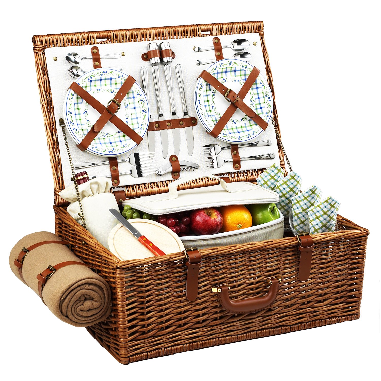 Original Dorset English-Style Willow Picnic Basket for 4 with Blanket - Handcrafted in USA | Perfect for Outdoor Dining, Beach Trips & Romantic Getaways