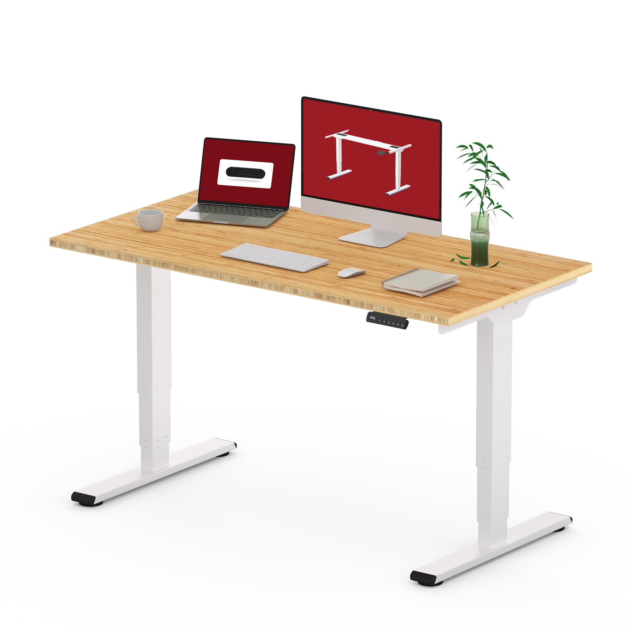 48 Inch Bamboo Electric Standing Desk - Dual Motor Height Adjustable, 3-Stage Lift, Sturdy Sit Stand Desk for Home Office (White Frame/48