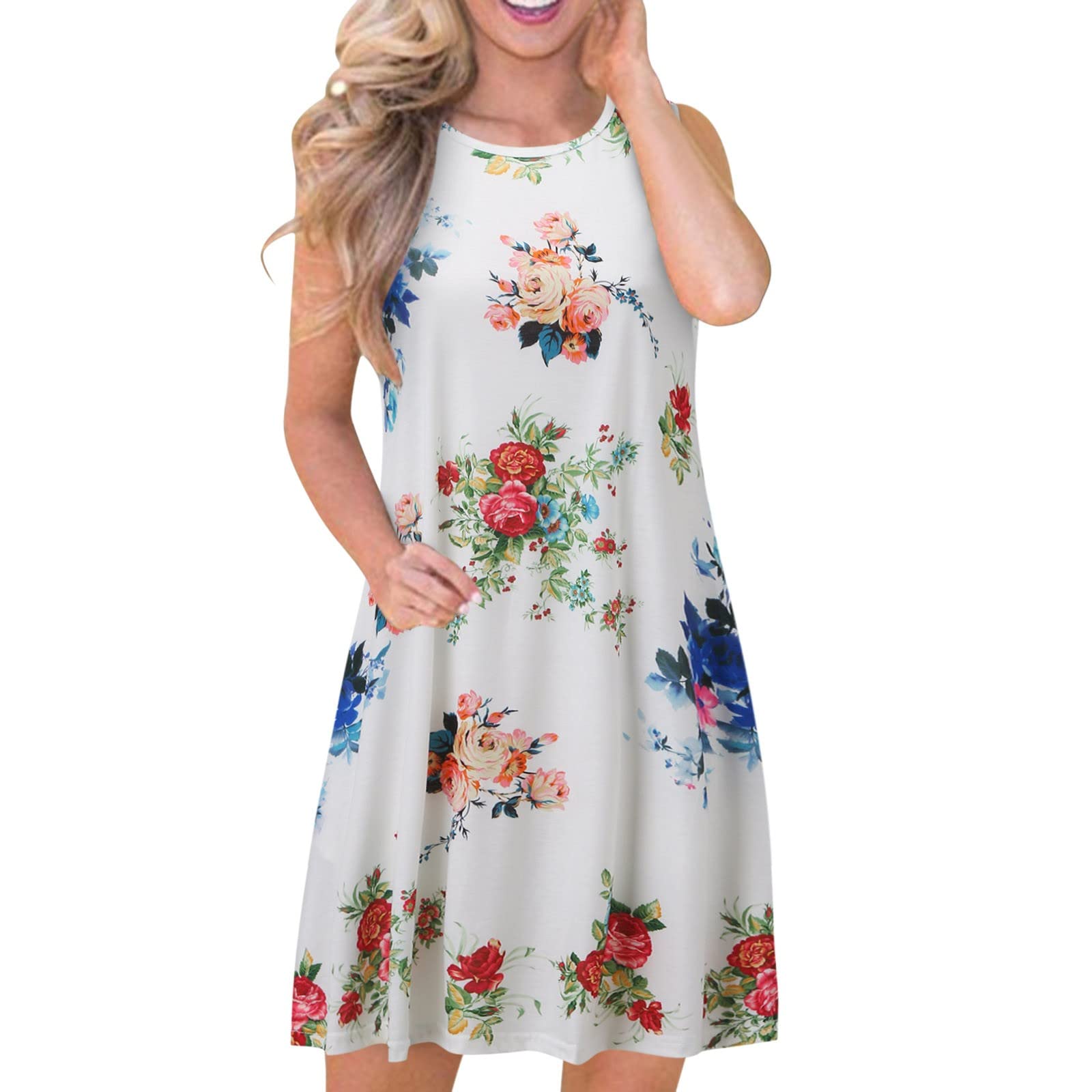Women's Spring Casual Sleeveless Printed Swing Dress with Tank Neck & Pocket - Perfect for Outdoor Picnics, Beach Vacations and Summer Parties