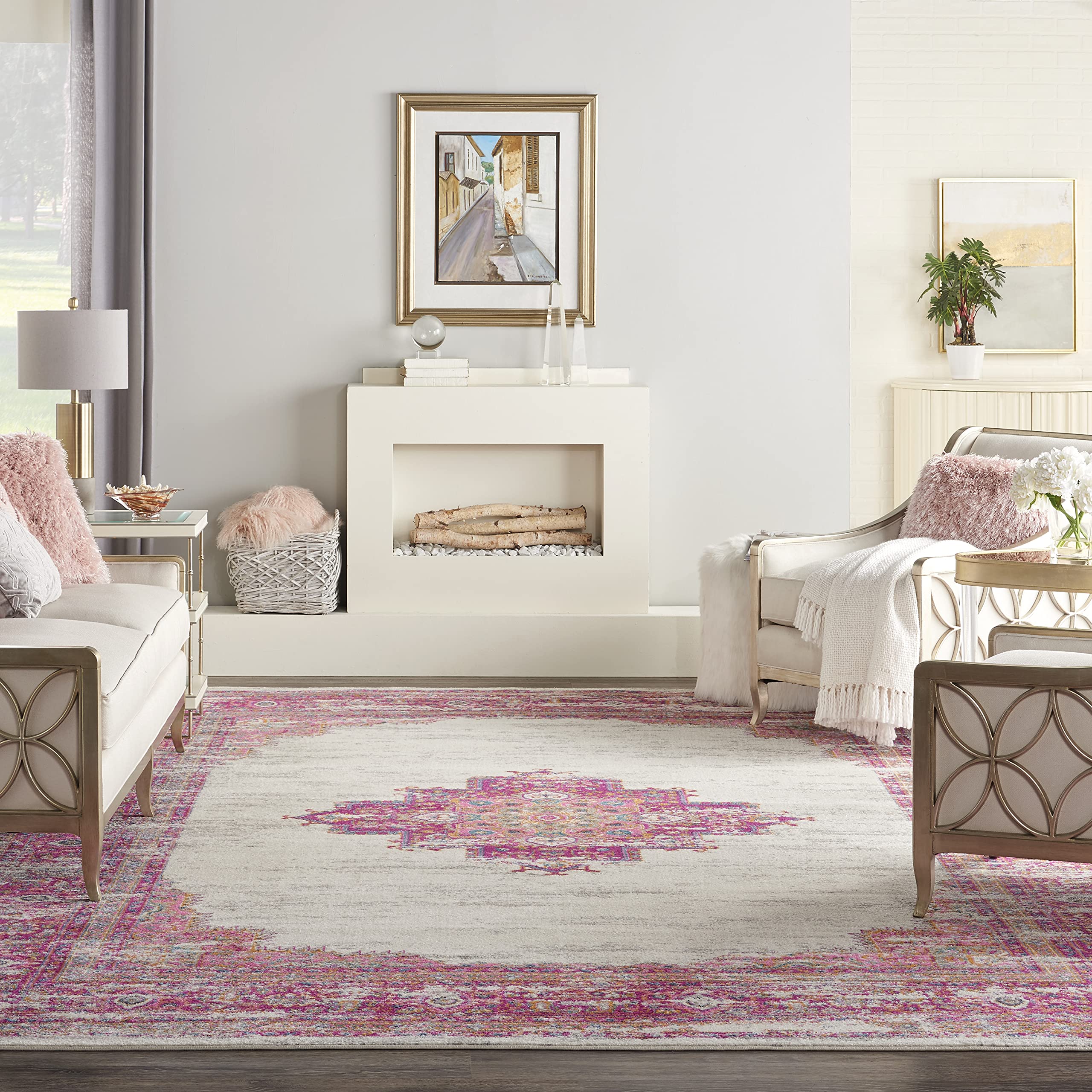 Nourison Passion Ivory/Fuchsia 12' x 15' Area Rug - Boho Traditional Design, Easy Cleaning, Non-Shedding - Perfect for Bedroom, Living Room & Hallway (12x15) | Cozy Home Decor & Floor Protection