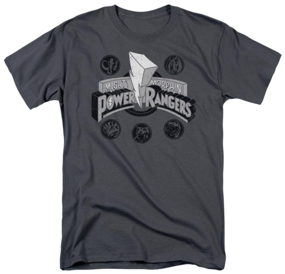 Power Rangers Men's Power Coins Graphic T-Shirt - Charcoal Grey Cotton Tee for Cosplay, Comic Con & Superhero Fans