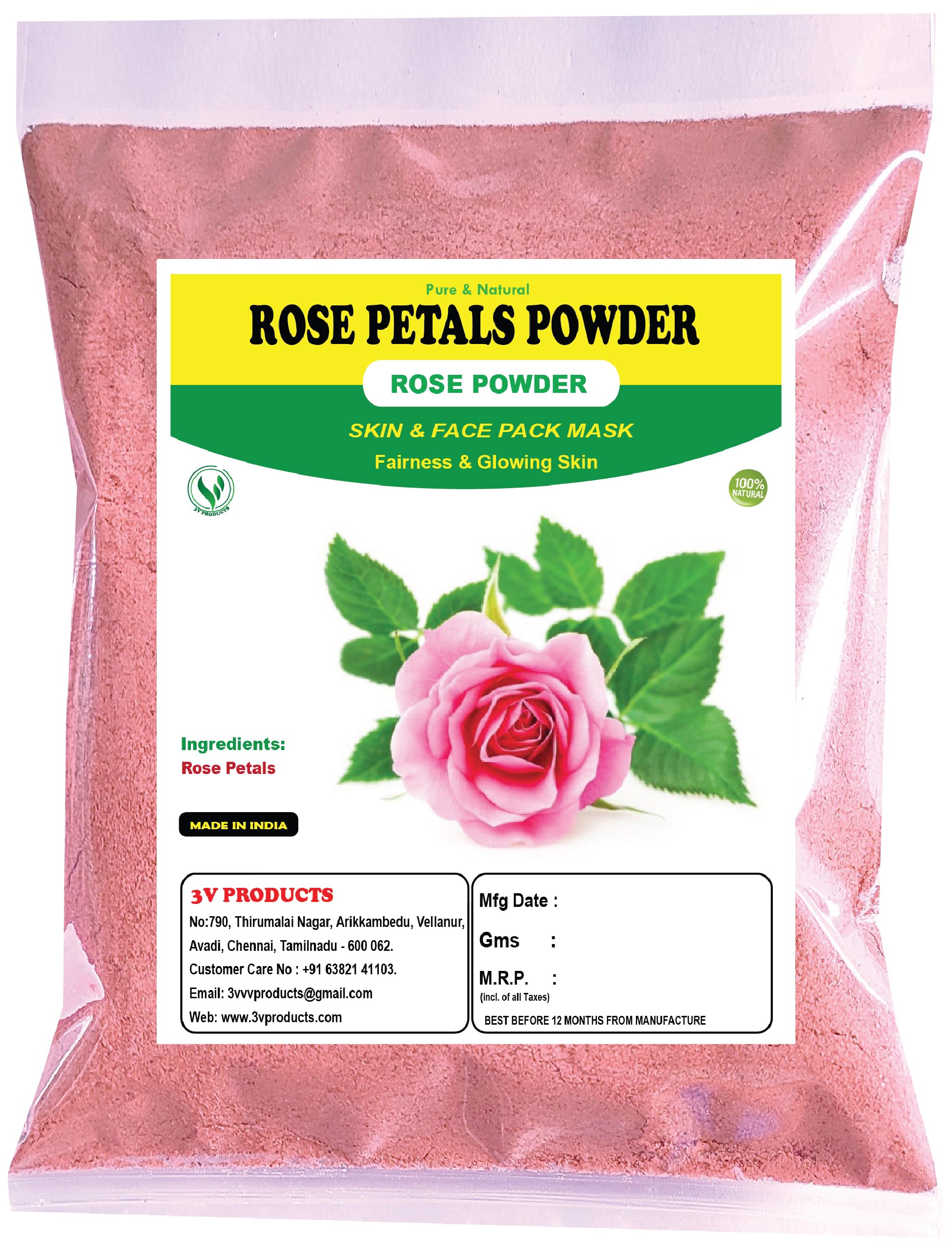 3V PRODUCTS Rose Petals Powder - 2x25g Pack for Skin Brightening, Tan Removal & Glowing Complexion | DIY Face Mask, Body Scrub & Aromatherapy for Spa & Home Skincare Routine