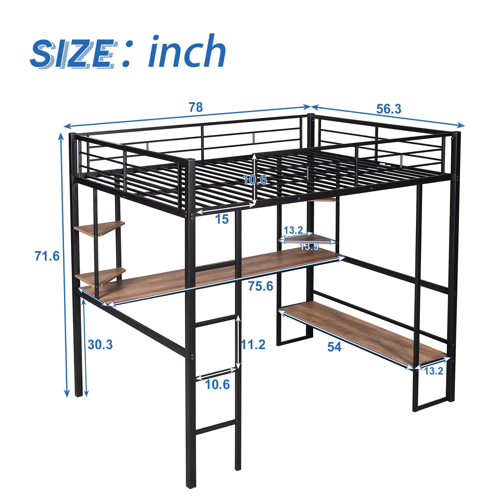 SOFTSEA Full Size Loft Bed with Desk and Shelves - Industrial Metal Bunk Bed for Kids & Teens - Space Saving Study Bed with Storage (Black) - Perfect for Small Bedrooms, Dorm Rooms & Studio Apartments